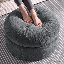 23.6in Round Pouf Ottoman, Chenille Ottoman Foot Rest with DualLayer Support, Large Plush Pouf with Soft ChunkFoam Top & Firm Foam Base, Floor Foot Stool for Living Room, Grey
