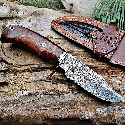 BIGCAT ROAR Cuchillo de caza hecho a mano, cuchillo de caza de hoja fija de espiga completa Bushcraft con funda y mango de madera de nogal, cuchillo