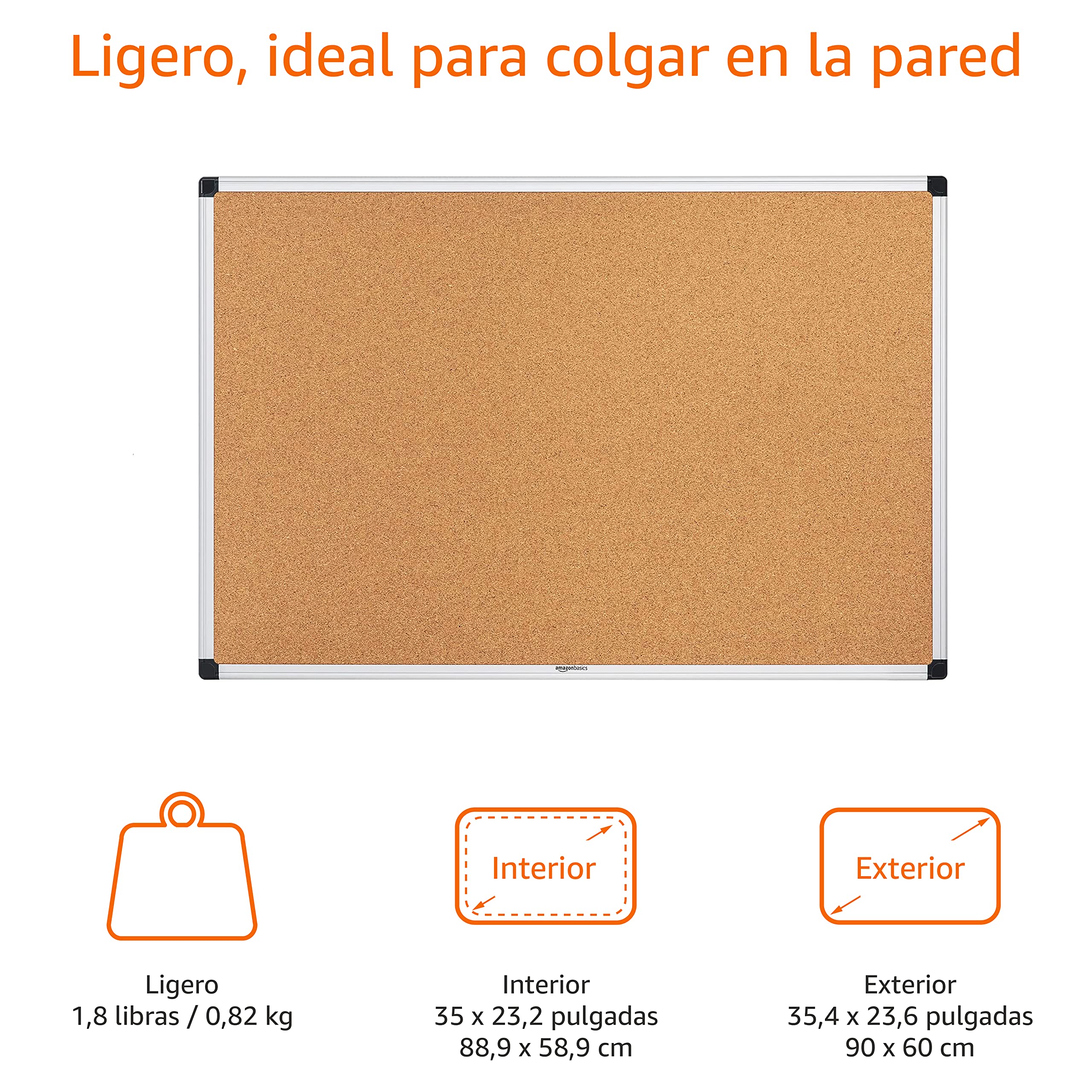Amazon Basics Rectangular Tablón de anuncios, de corcho, con marco de aluminio, 90 x 60 cm, Plateado