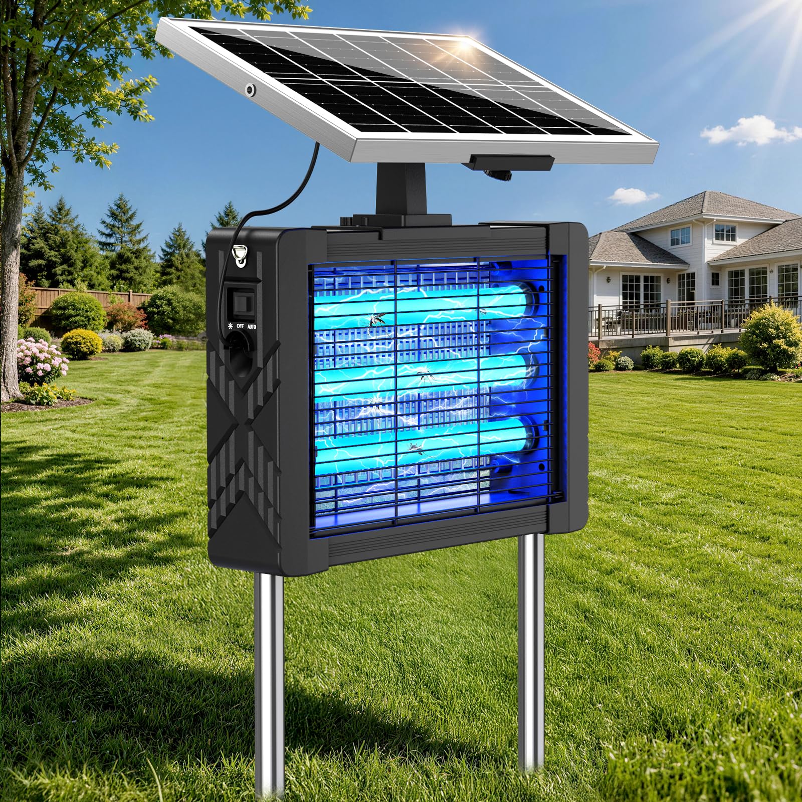 Solar Bug Zapper Outdoor, Tragbarer wiederaufladbarer Moskito-Zap mit 3 Lampen, 4500 V elektrischer Insektenvernichter, 5400 mAh Akku, 3 m Solarkabel, IPX5 wasserdichter Fliegenvernichter für Terrasse