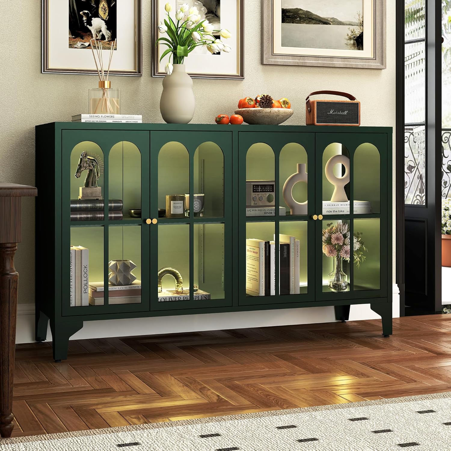 Foreate Green Sideboard Buffet Cabinet with Glass Door & LED Light, 53.2" Large Buffet Cabinet with Storage & Adjustable Shelf, Farmhouse Sideboard Credenzas Metal Kitchen Buffet