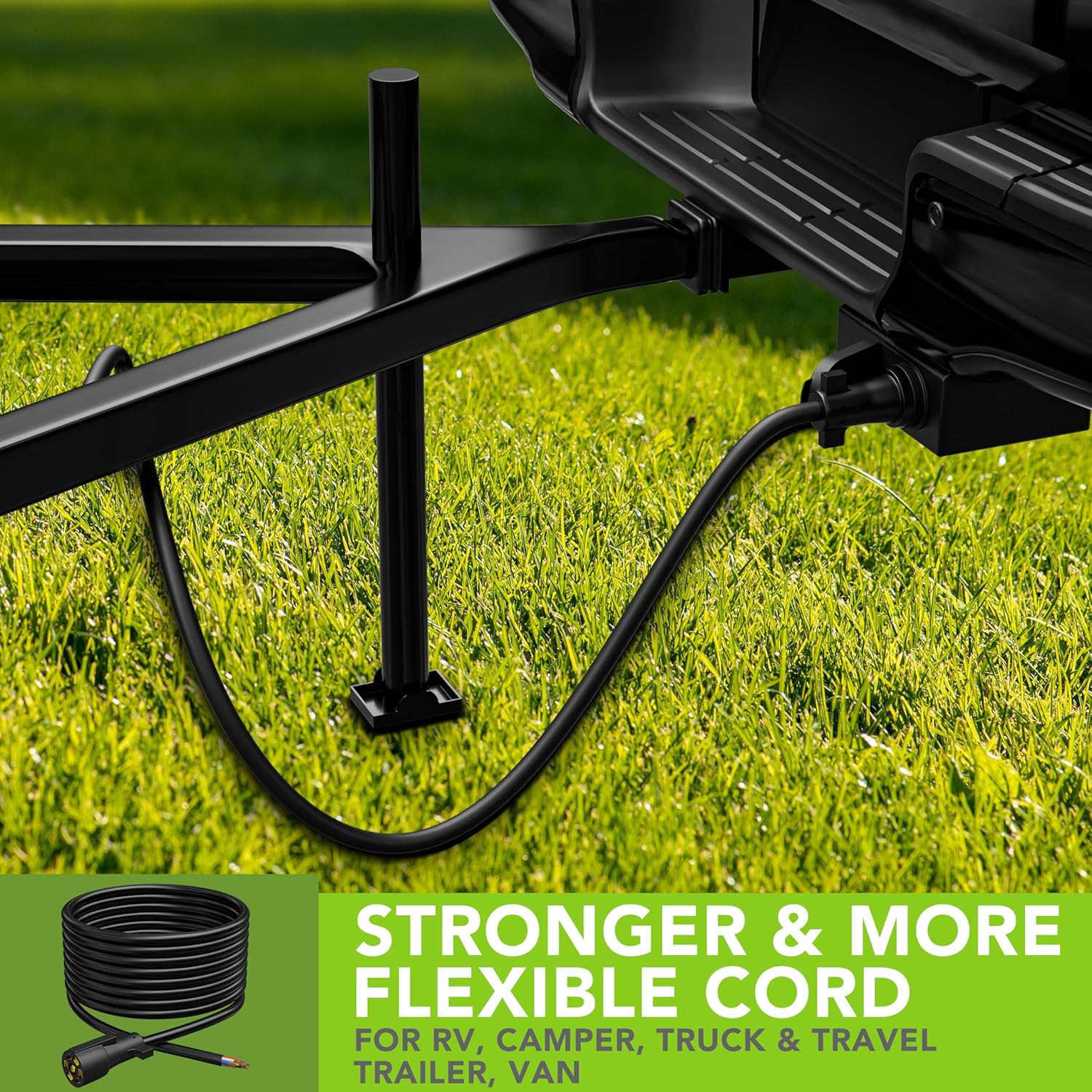 Heavy Duty 7 Way Plug Inline Trailer Cord with Weatherproof Double Prongs Connector (15 Ft)