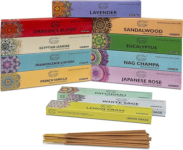 Raajsee Natural Incense Sticks-Assorted 12 Pack Set 15gm Each, -100% Organic Hand Rolled- Perfect for Church,Aromatherapy,A