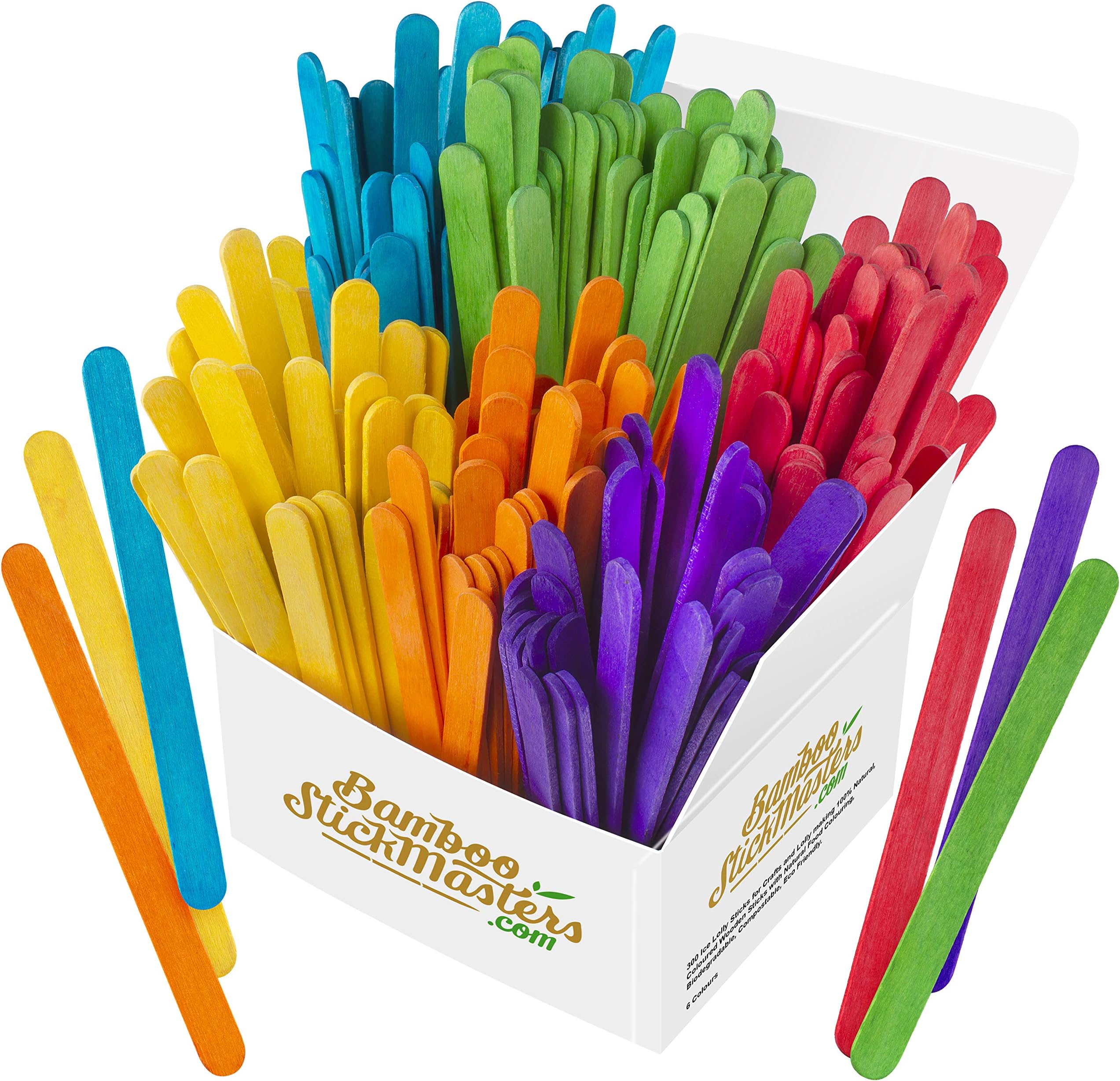 BSM Multicoloured Lolly Sticks | 300 Coloured Wooden Lollipops Stick Pack | Ideal for Craft DIY Projects, Popsicles, Baking, Kids Activities & Plant Labels | 6 Colours (114x10x2mm)
