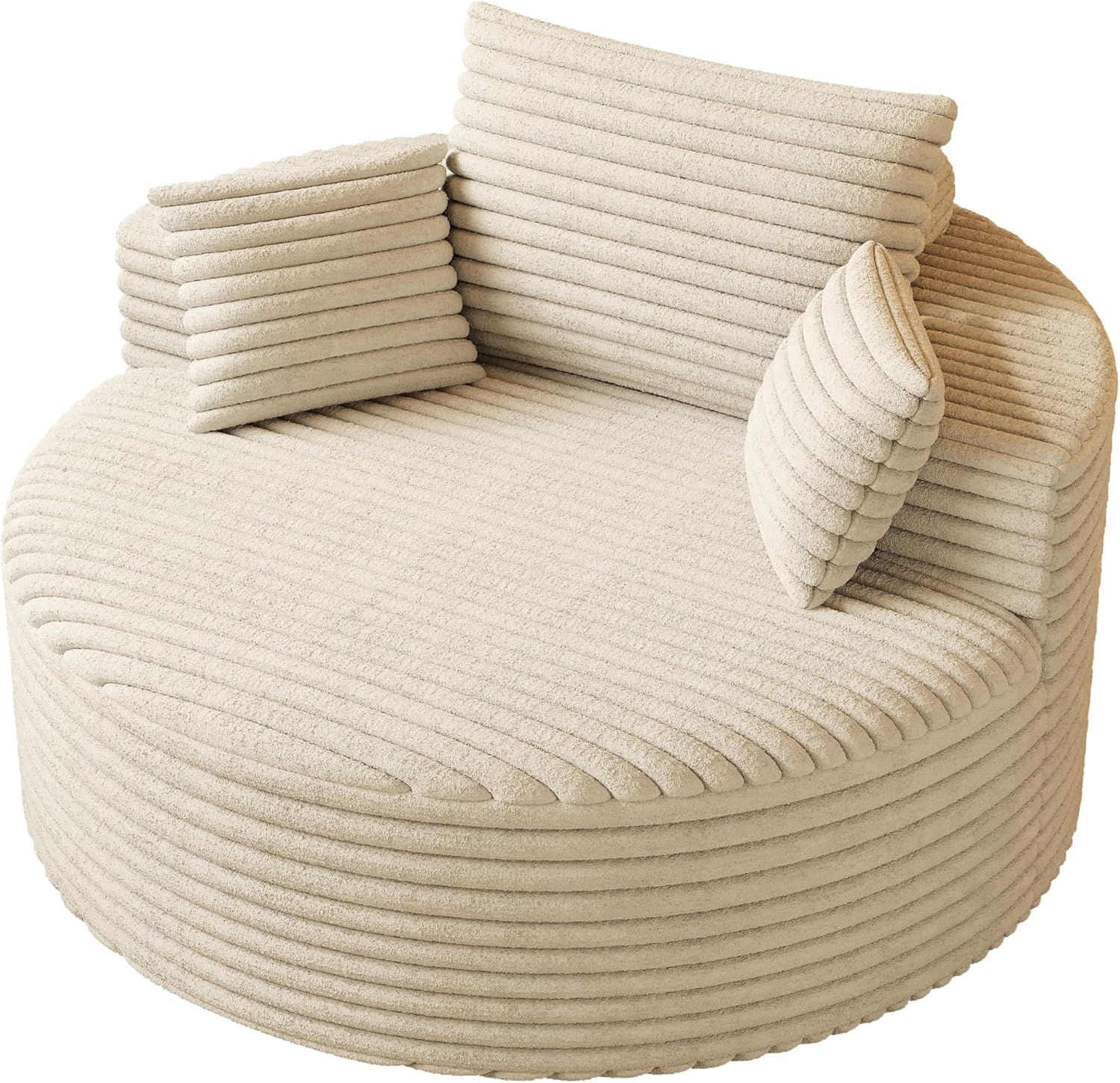 50" Round Chaise Lounge Chair Indoor with Curved Backrest, Corduroy Boneless Recliner Sofa with Thick Cushions, Cloud-soft Sleeper Chair with Cylindrical Head-pillow for Living Room Apartment, Beige
