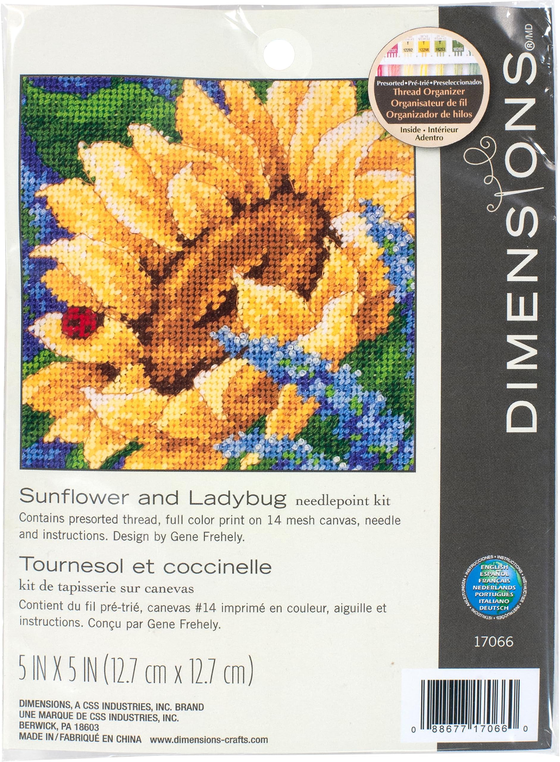 Dimensions Needlepoint Kit, Sunflower and Ladybug Floral Needlepoint, 5" x 5"