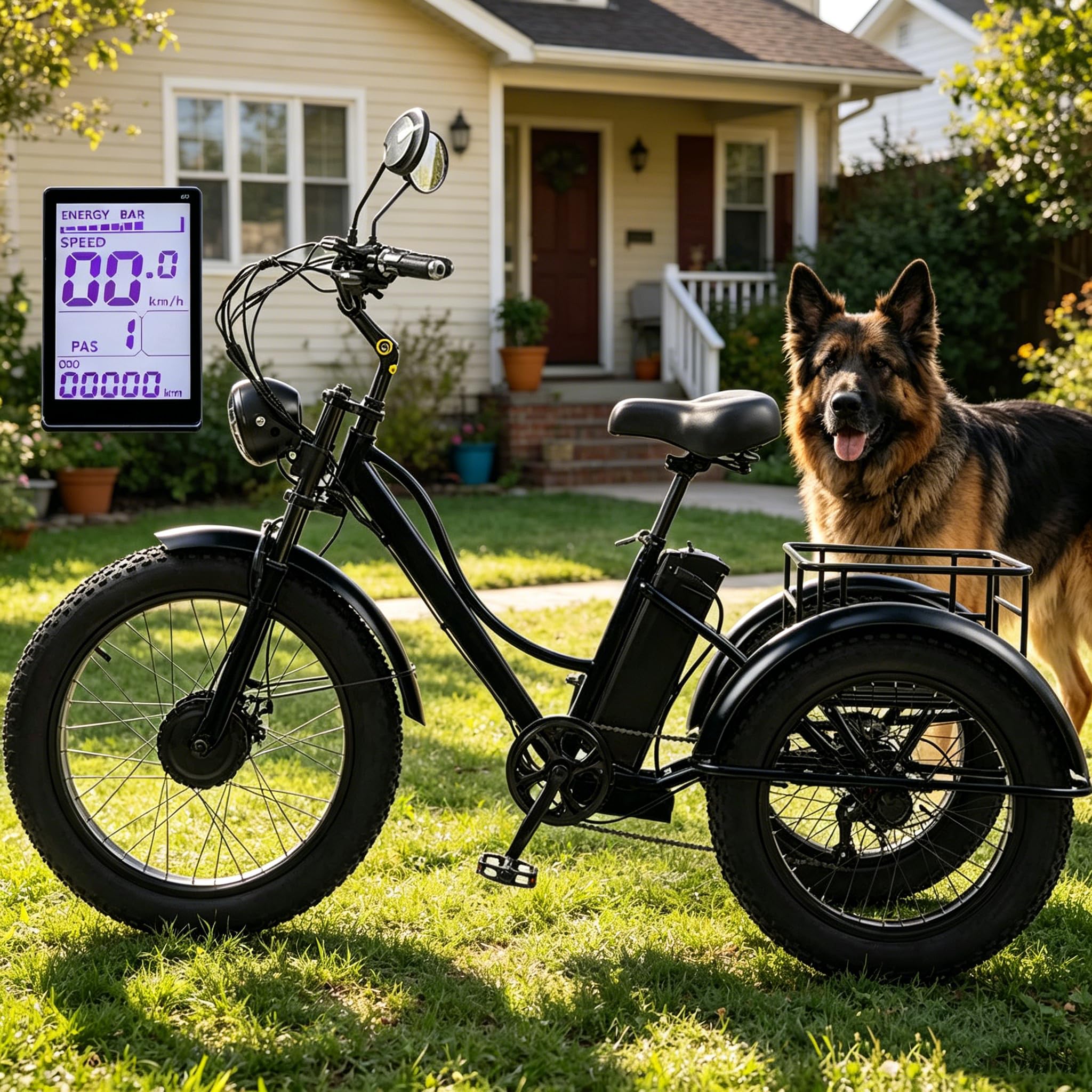24'' 7 Speeds Adult Electric Tricycle, 48V15Ah 3 Wheels Electric Bike E-Trike with Large Basket, Fat Tyres Electric Cargo Tricycle for Senior, Lcd-Display, 65km Range, for Shopping/Commuting Black