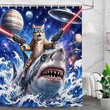 Boziqr Funny Animal Shower Curtain, Cat Riding Shark Theme Bathroom Decor