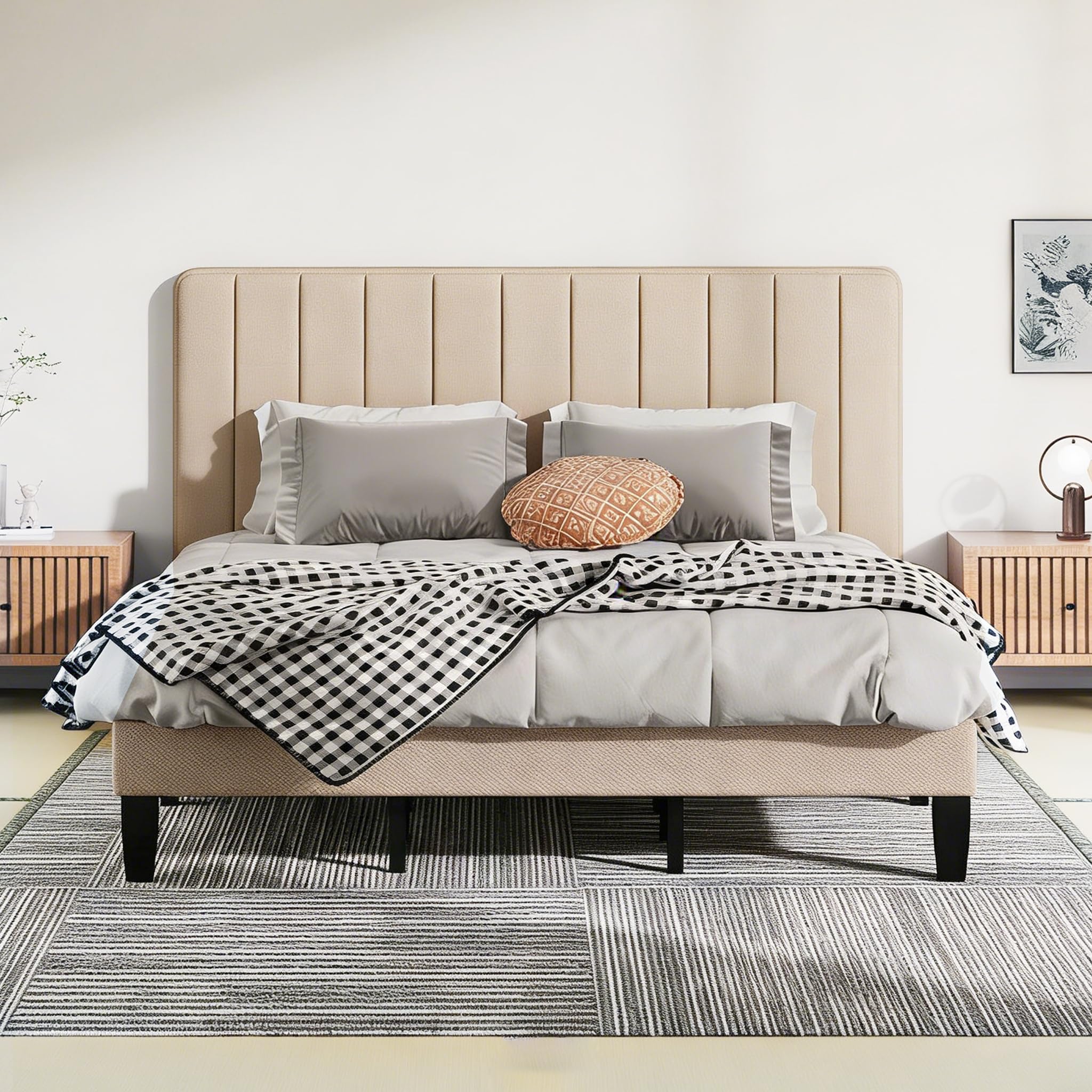 Pingliang Home Upholstered Platform King Size Bed Frame with Headboard, Wooden Slat Support, No Box Spring Needed, Heavy Duty Sturdy Mattress
