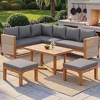 7-8 Sitzer Gartenmöbel-Set aus Akazienholz, Lounge Möbel Outdoor mit Ecksofa, Modulare Outdoor Sofa Set mit 2 Hockern & Tisch, Garten Loungemöbel Set mit Kissen für Terrasse und Balkon, Grau