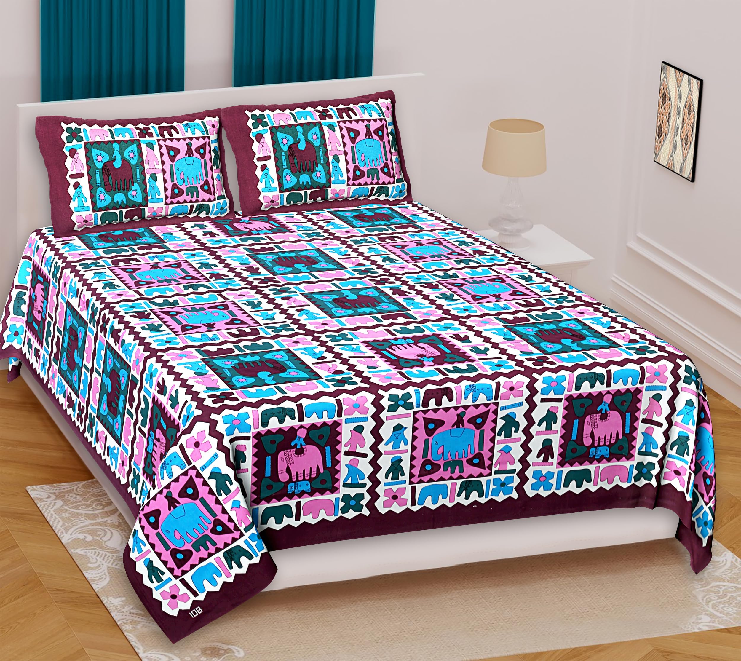 Marusthali Cotton Traditional Bed Sheets Full Size Elephant Printed Handmade Sanganeri Bedsheet Soft Bedcover Bedspread with 2 Pillow Cases 100% Cotton Bedsheets 90 X108 inches Bedroom Decor (Purple)