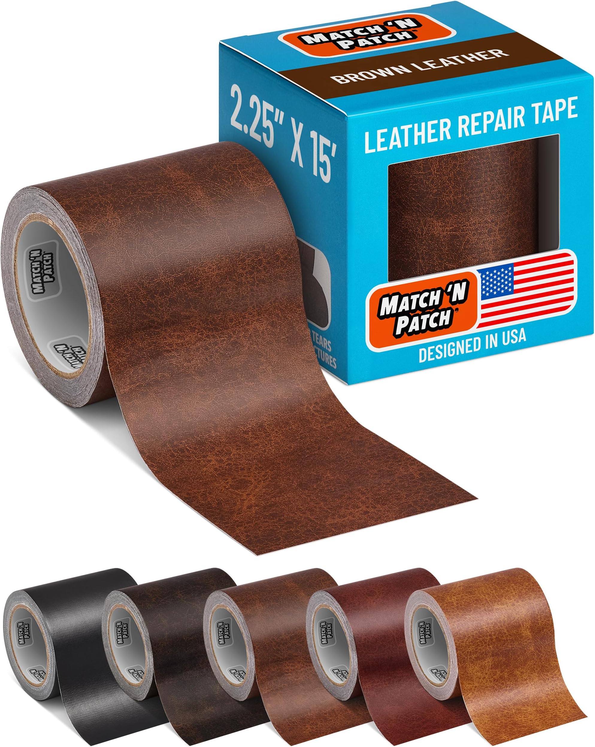 MATCH 'N PATCH Leather Repair Tape - Realistic Printed Leather Pattern for Vinyl, & Synthetic Repairs, Conceal Rips, Scratches, and Tears, for Furniture Fix, Crafts, & DIY - 15 ft x 2.25" Roll, Brown