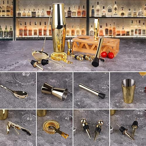 Miniatura 5 de Juego de coctelera con soporte de bambú, juego de barra de 13 piezas de acero inoxidable para barman profesional y hogar (dorado)
