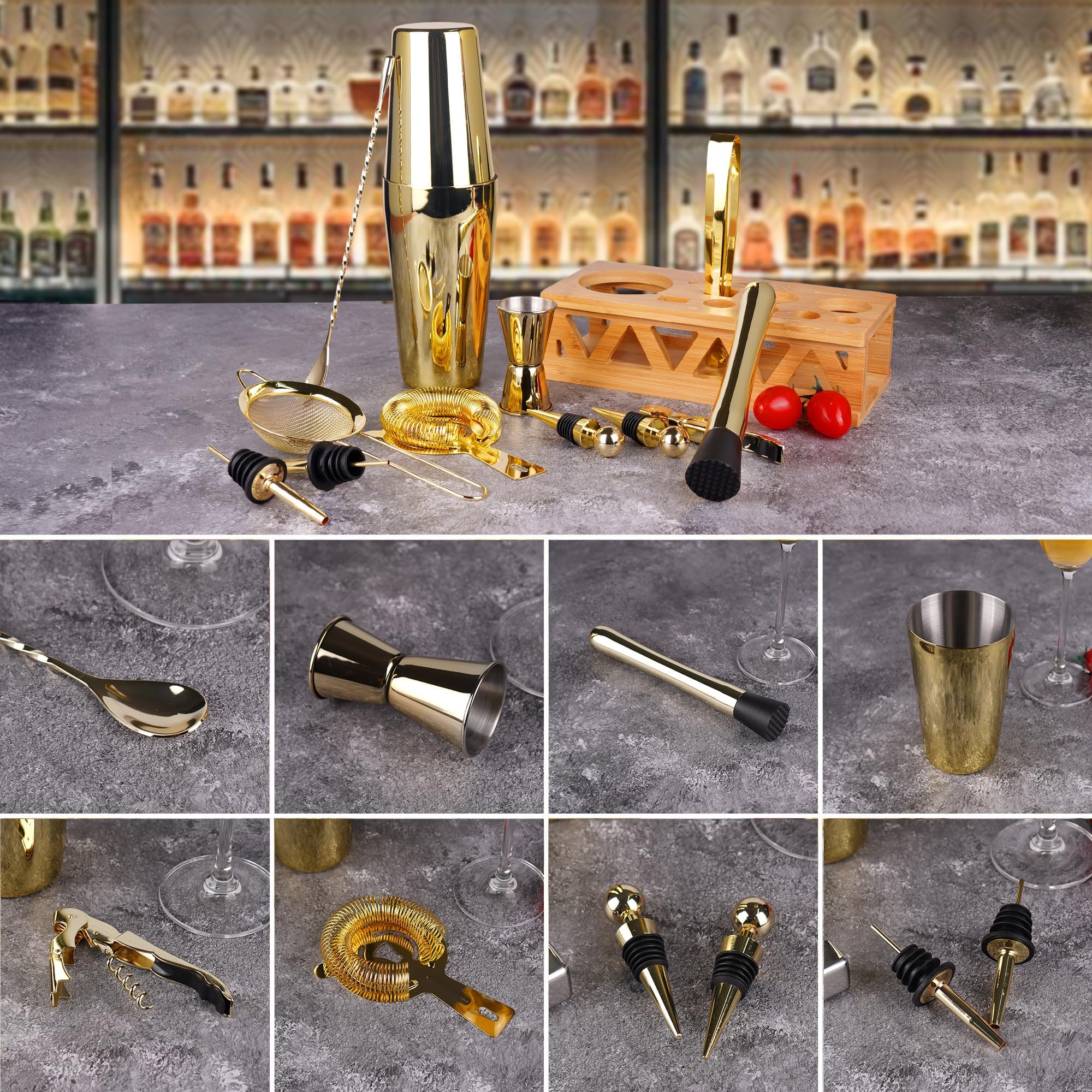 Kit de barman con soporte giratorio de bambú, juego de coctelera de 11 piezas de acero inoxidable con folleto de recetas (dorado)