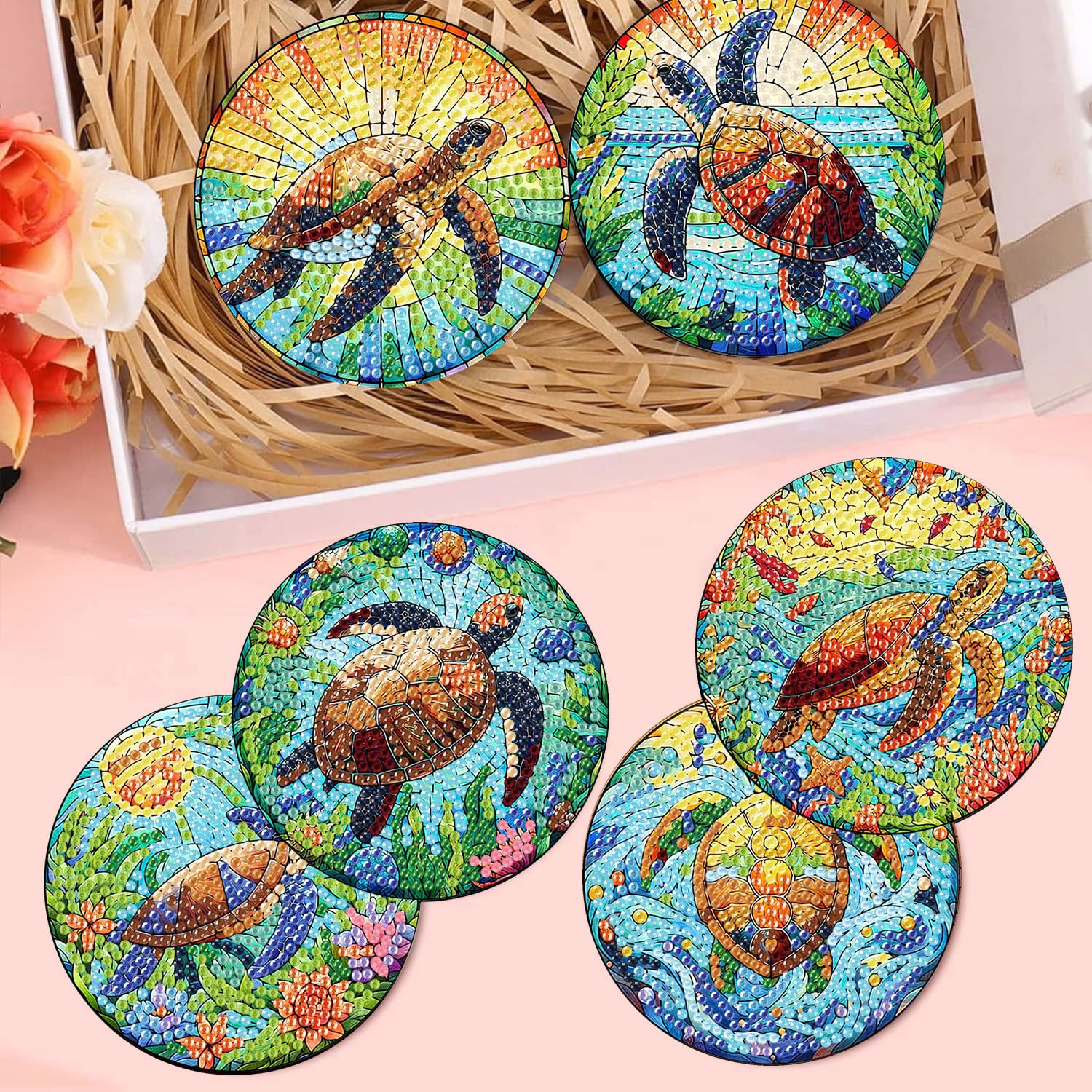 croshom 8 Pieces Diamond Art Painting Coasters Kit, Sea Turtle Diamond Art Coaster, DIY Diamonds Craft Kits for Adults and Beginners (Turtle Style) - Image 5
