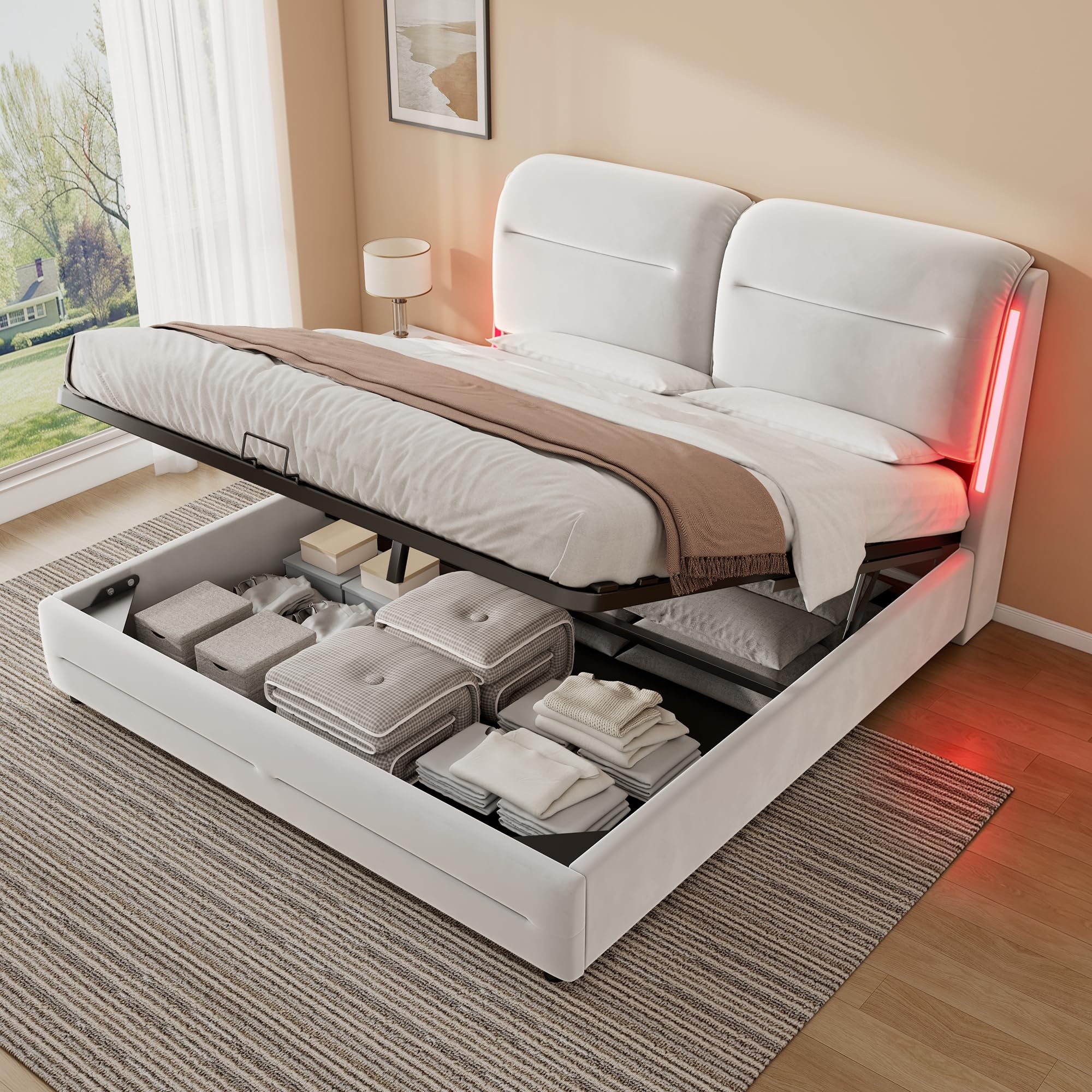 Struttura Letto Matrimoniale con Contenitore, Letto 180x200 con Illuminazione LED, Letto Contenitore Matrimoniale con Testiera Imbottita, Letti Idraulico, Velluto, Beige, Senza materasso