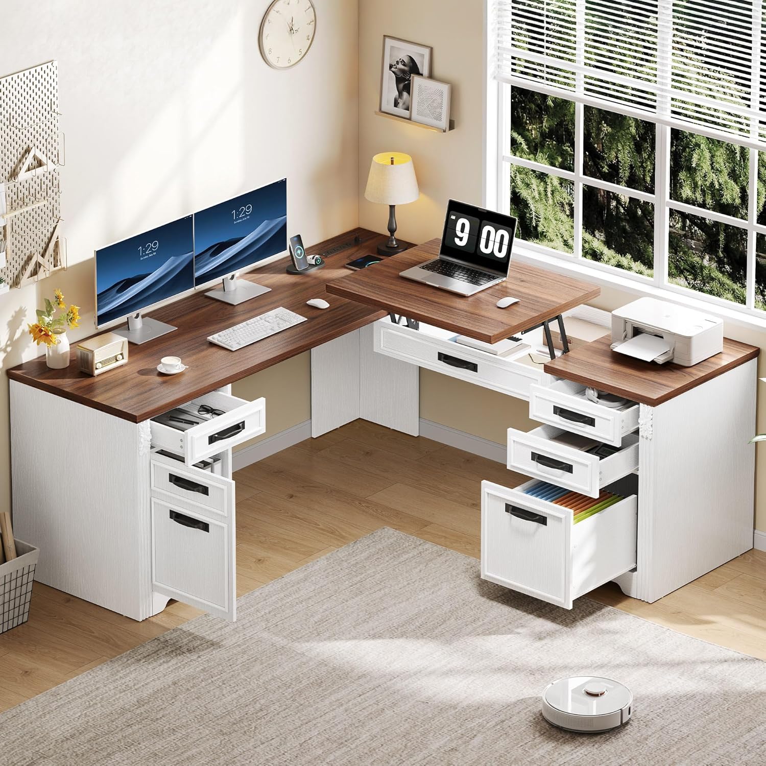 YITAHOME L Shaped Executive Desk with Lift Top & Drawers, 60" Farmhouse Corner Computer Desk with Power Outlets, Carved Design Wood Home Office Desk with Storage Cabinet, for Work, Antique White