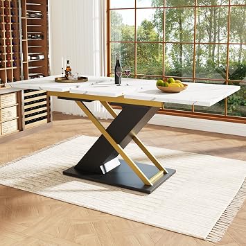 Merax Extendable Dining Table 120-160 x 80 x 75.4 cm Extendable Table with Inner Insert Telescopic Table for 6-8 People MDF Table Top in Marble Look for Kitchen and Living Room