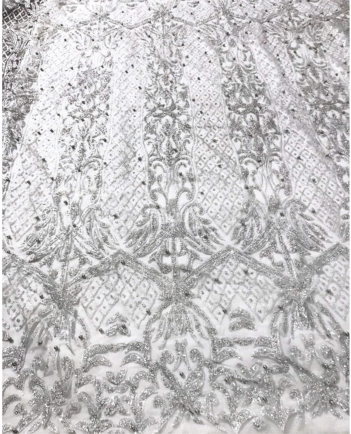 Bellagio Metallic Silver Glitter on Light Tulle Mesh Lace Fabric/Sold by The Yard