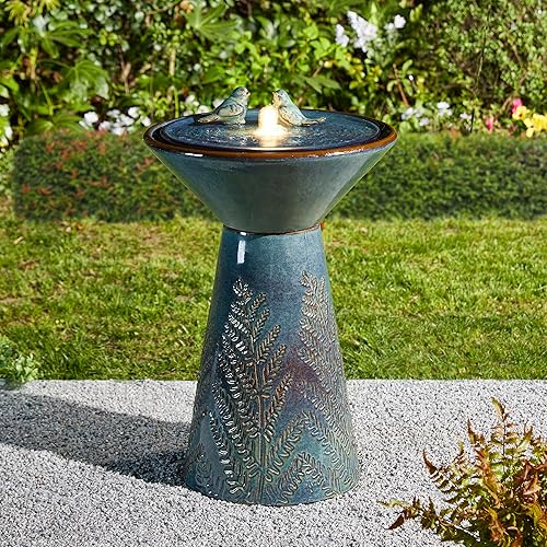 Glitzhome Fuente de agua para jardín al aire libre de 27.5 pulgadas de alto con luz LED y bomba, color turquesa, dos pájaros en relieve, pedestal de