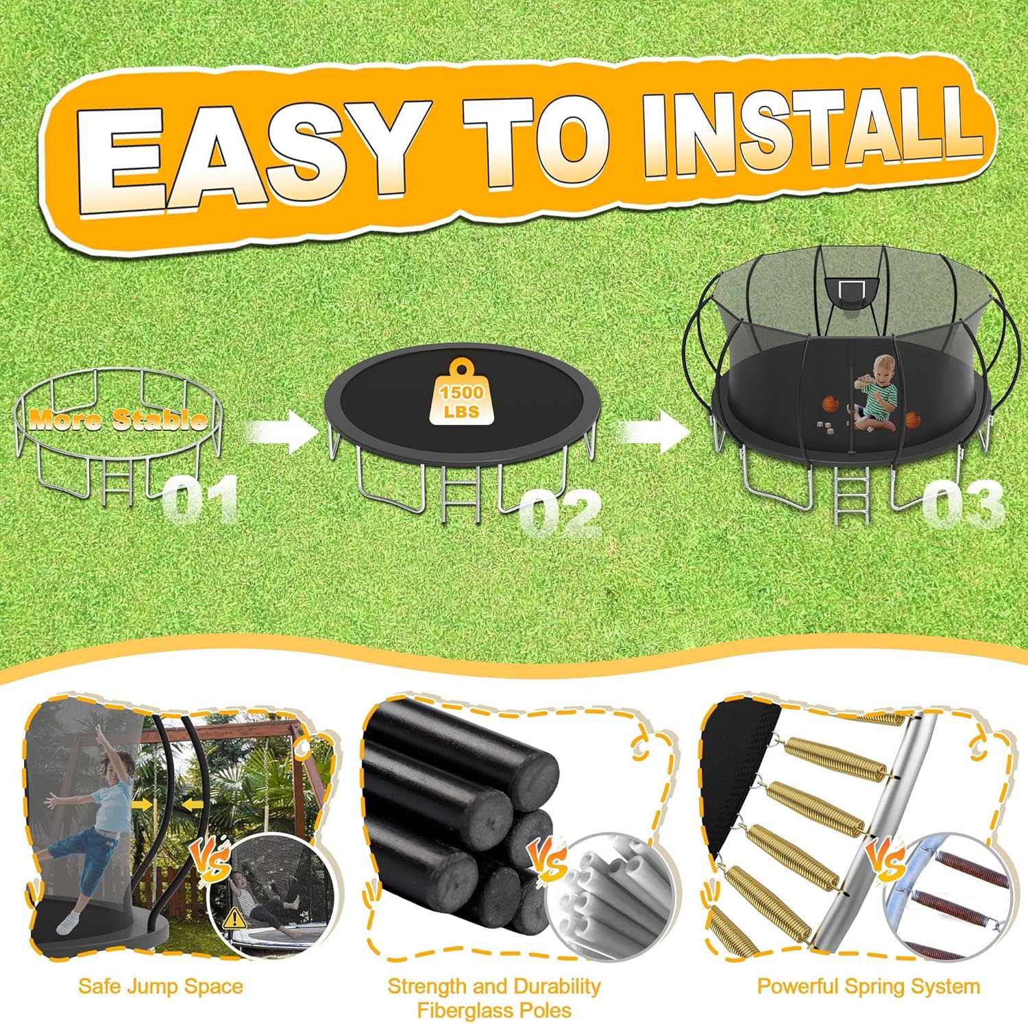 Upgraded 1500LBS Outdoor Rebounder System with Basketball Hoop, Lights & Sprinkler, 12/14/16FT Heavy-Duty Jump Mat for All Ages, ASTM Certified for Family Backyard, Easy Assembly