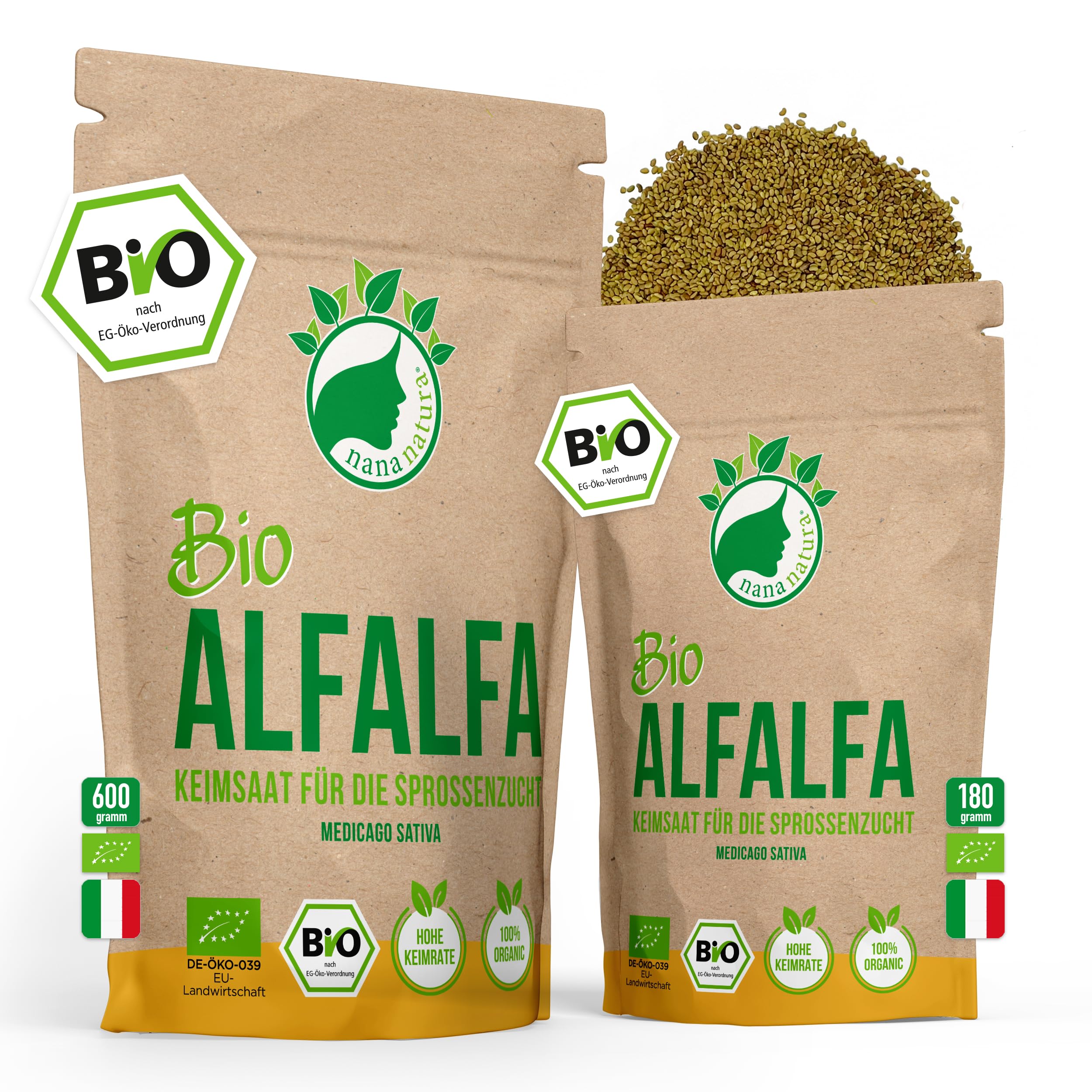 NanaNatura's Bio Alfalfa Sprossen Samen 600g VORTEILSPACK | Keimfähige Alfalfasamen zur Sprossenzucht | Microgreens fürs Sprossenglas | geprüft & abgefüllt in Deutschland