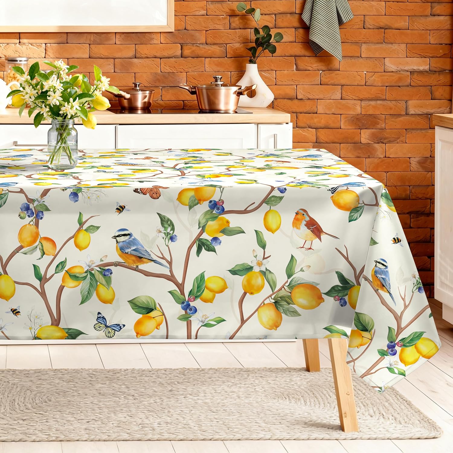 Spring Summer Capri Lemons Table Cloth Rectangle Machine Washable Italian Lemon Tablecloth,84 * 60 inch, Polyester Blue Table Cover for Kitchen Dinner Party Outdoor Decor