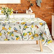 Rectangular Tablecloth Machine Washable 140 x 180 cm, Lemons and Birds, Waterproof Fabric No Iron Country Style Natural Design for Kitchen, Dining Room and Garden