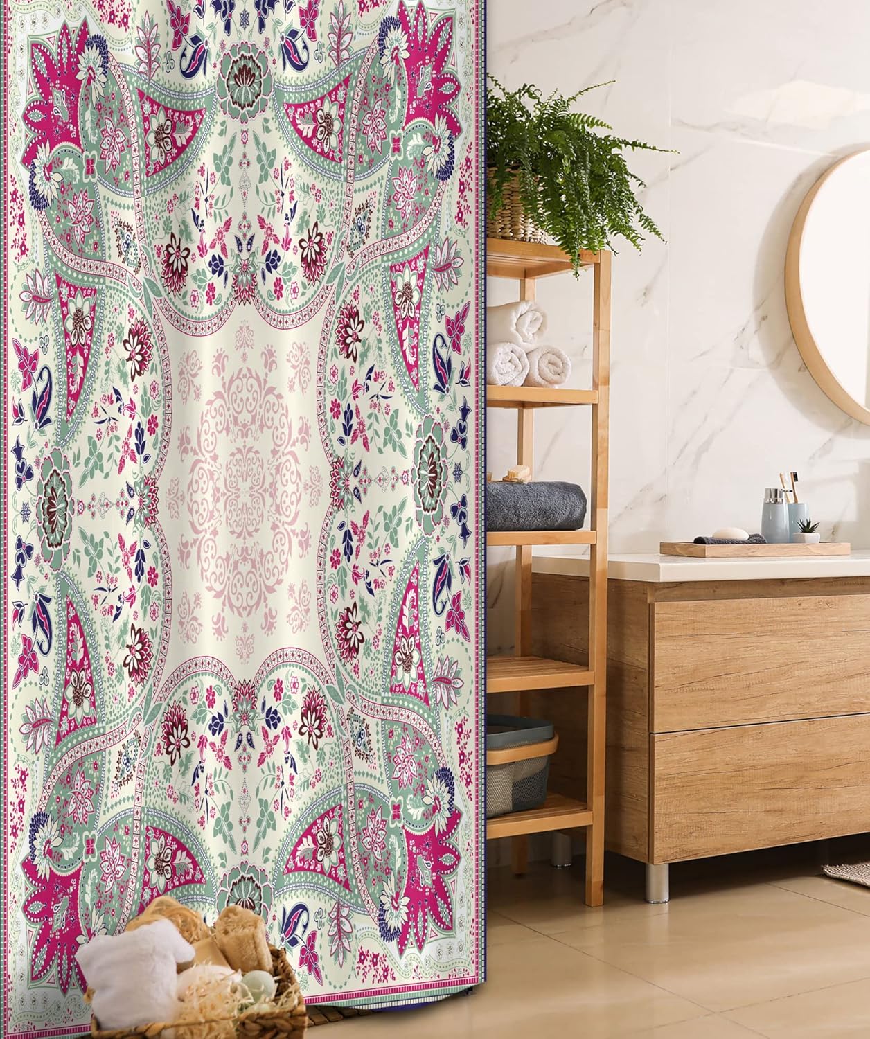 Ambesonne Paisley Stall Shower Curtain, Geometric Ornamental Square Print Detailed Modern Image, Fabric Bathroom Decor Set with Hooks, 36" W x 72" L, Pale Green Navy Blue