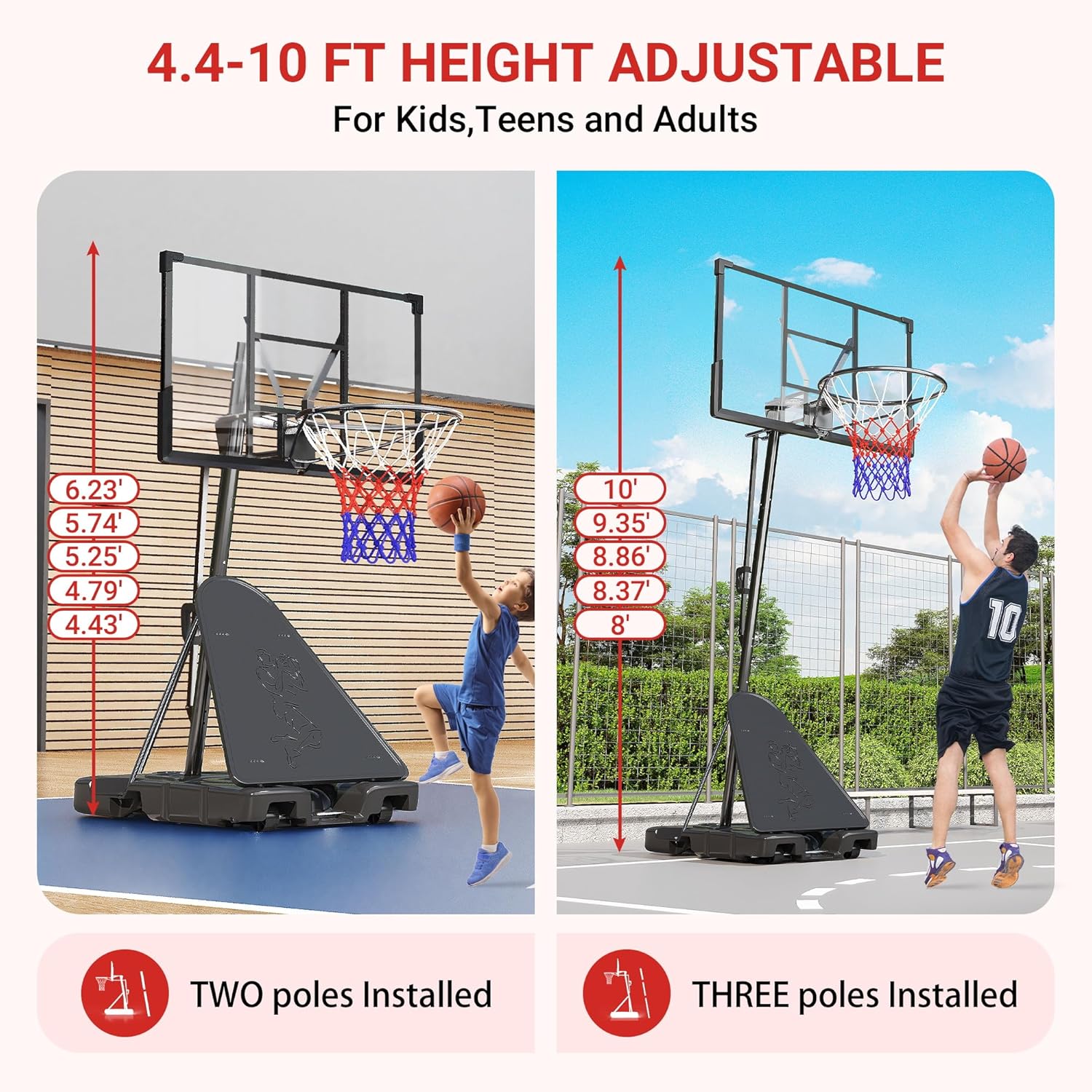 Basketball Hoop 4.4-10FT 8 Levels Adjustable Basketball Goal, 45’’PC Shatterproof Backboard Outdoor Basket Ball Hoop Indoor w/Basketball Accessories Net Rim, Toddler Basketball Hoop for Kids