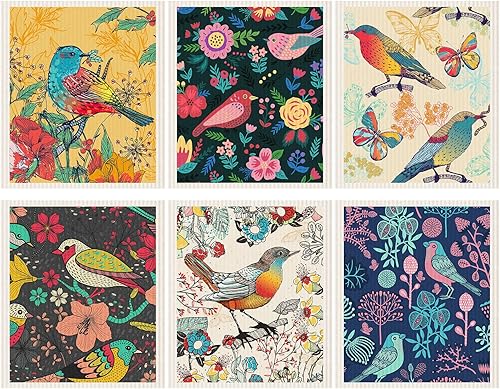 Miniatura 1 de Nitial 6 paños de cocina suecos florales de pájaros, reutilizables, absorbentes y de secado rápido, paños de limpieza para cocina, pájaros, flores