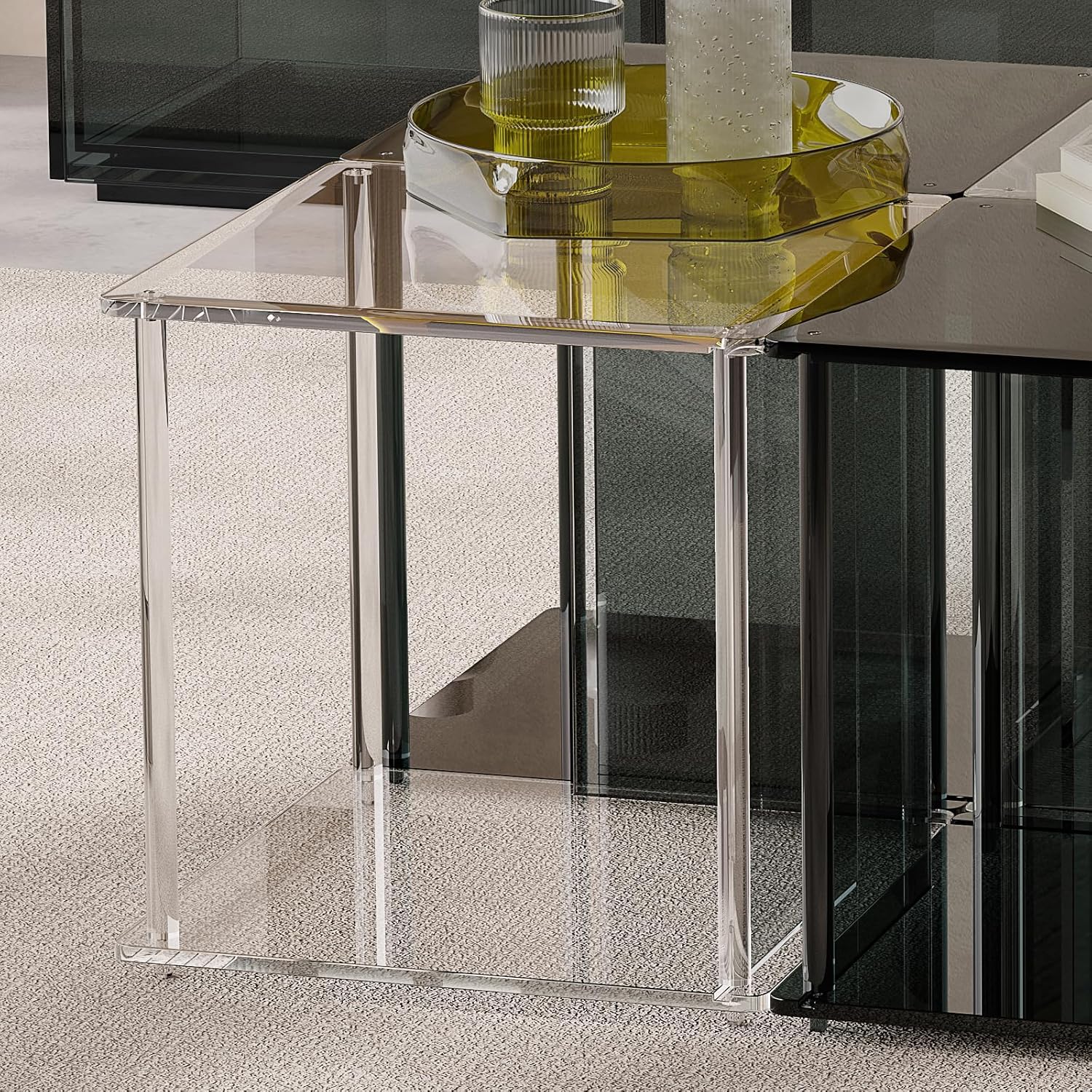 Modern Side Table, Small End Table, Acrylic Transparent Nightstand with Storage for Living Room, Bedroom, Office, Bedside, Square, Clear