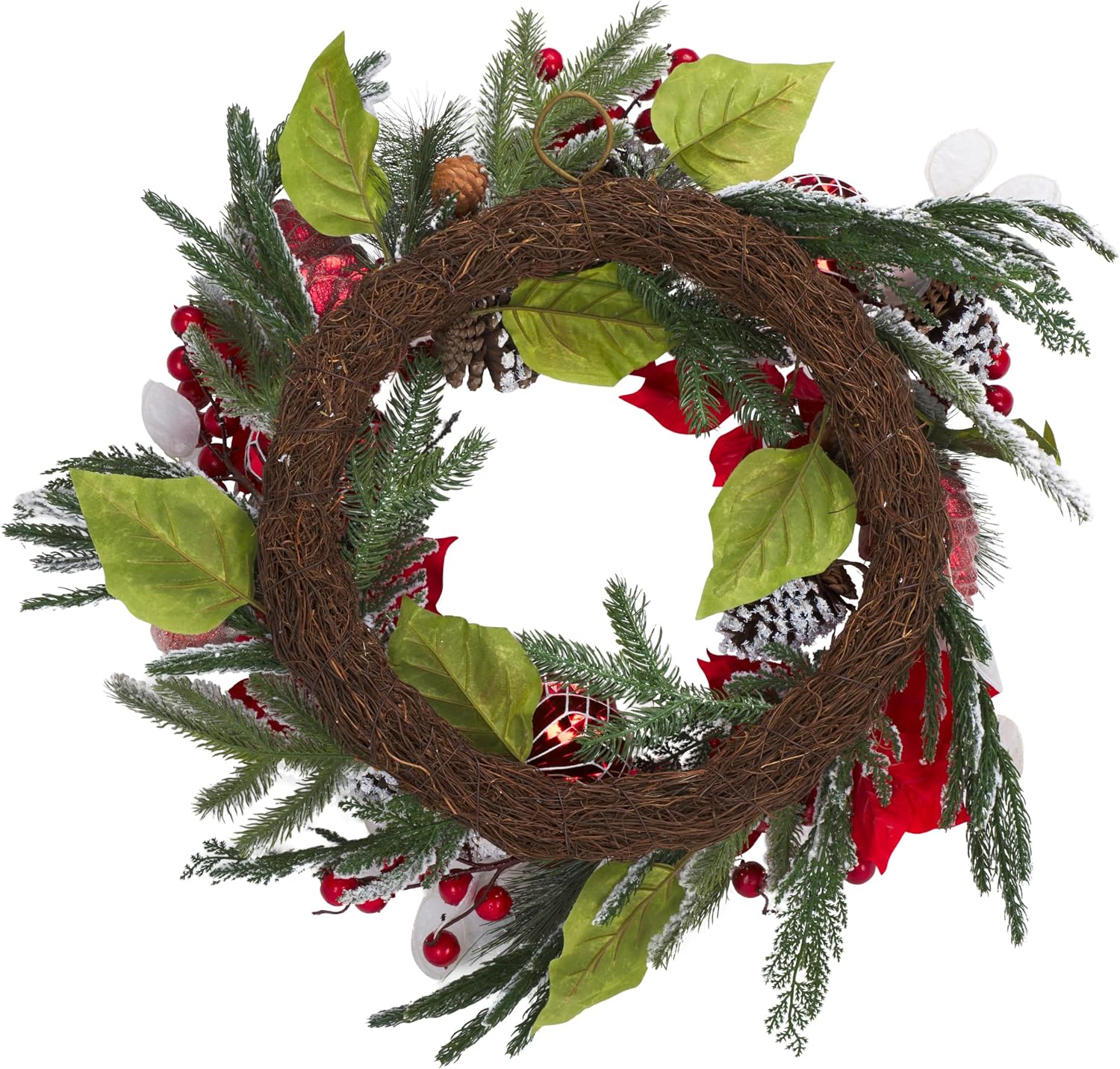 SAFAVIEH Home Collection - 28" Faux Snowy Needle Pine Wreath with Red Poinsettias, Ornaments & Pinecones (FXP1032A)