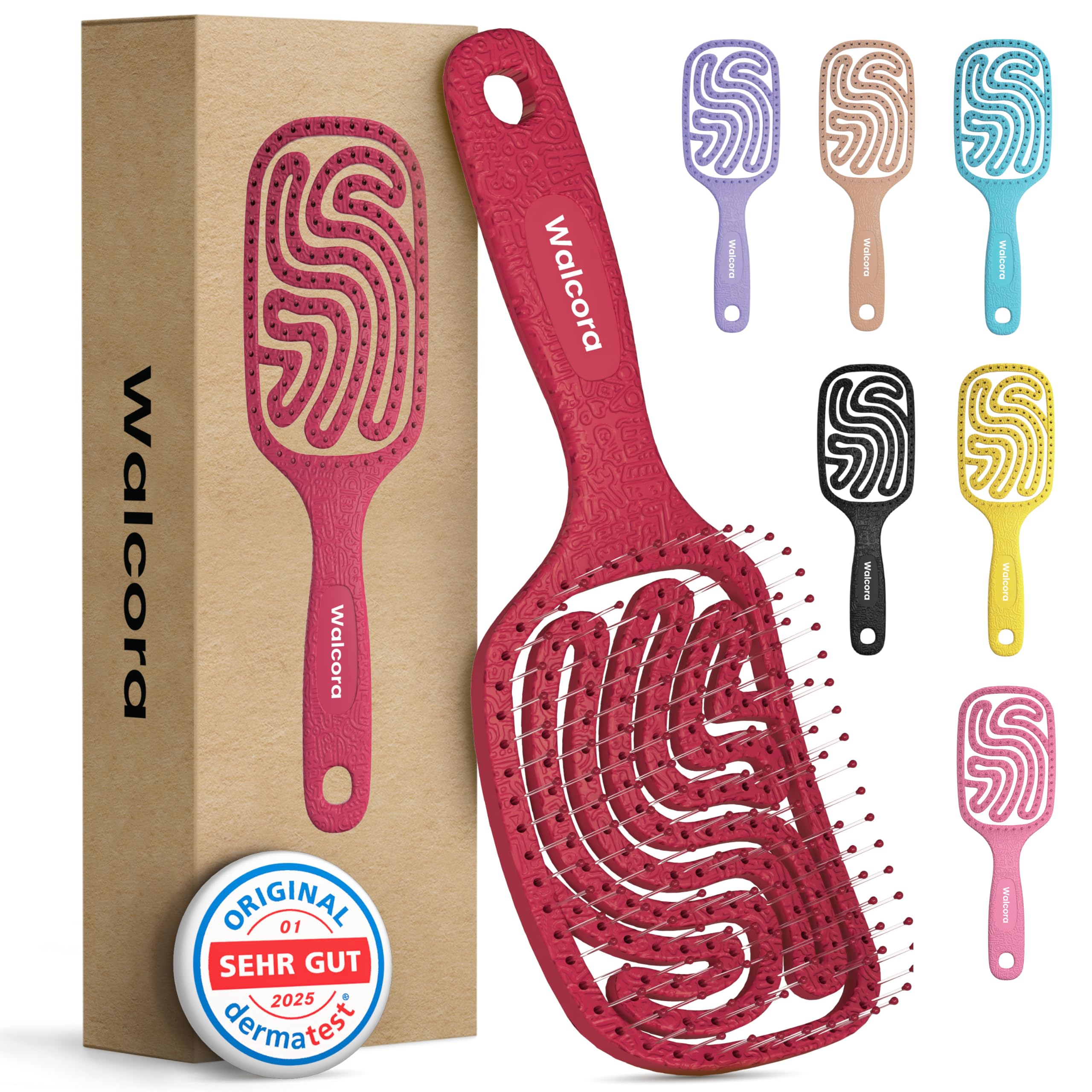 Walcora Spazzola Capelli Districante – Scioglinodi Anti Nodi – Per Capelli Ricci, Lisci, Fini, Bagnati e Lunghi – Hair Brush Anti Rottura per Donna, Uomo e Bambini Carminio