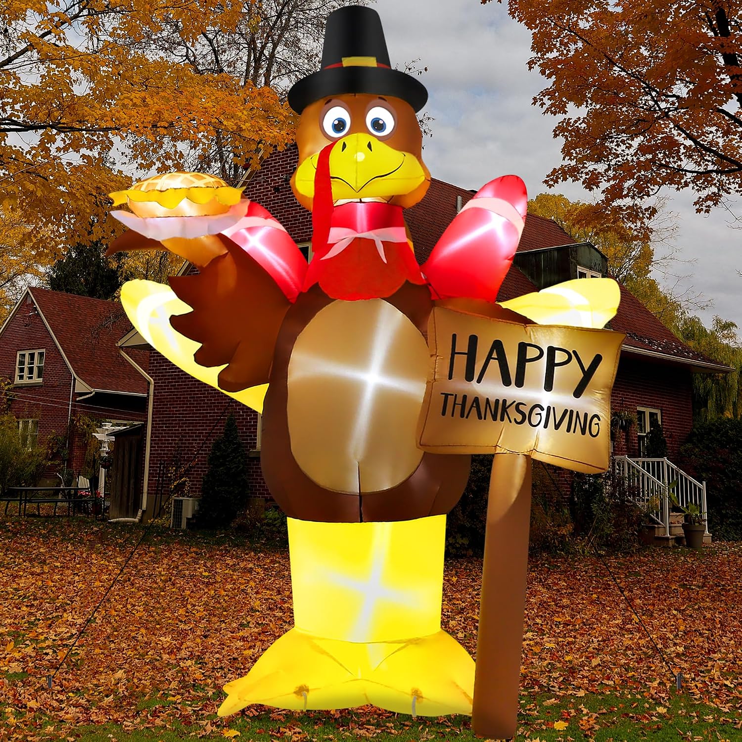 12FT Thanksgiving Inflatables, Super Huge Inflatable Turkey Holding Pumpkin Pie and Happy Thanksgiving Sign, Lighted Blow Up Turkey for Yard Decor Outdoor Lawn Garden Autumn Holiday Harvest