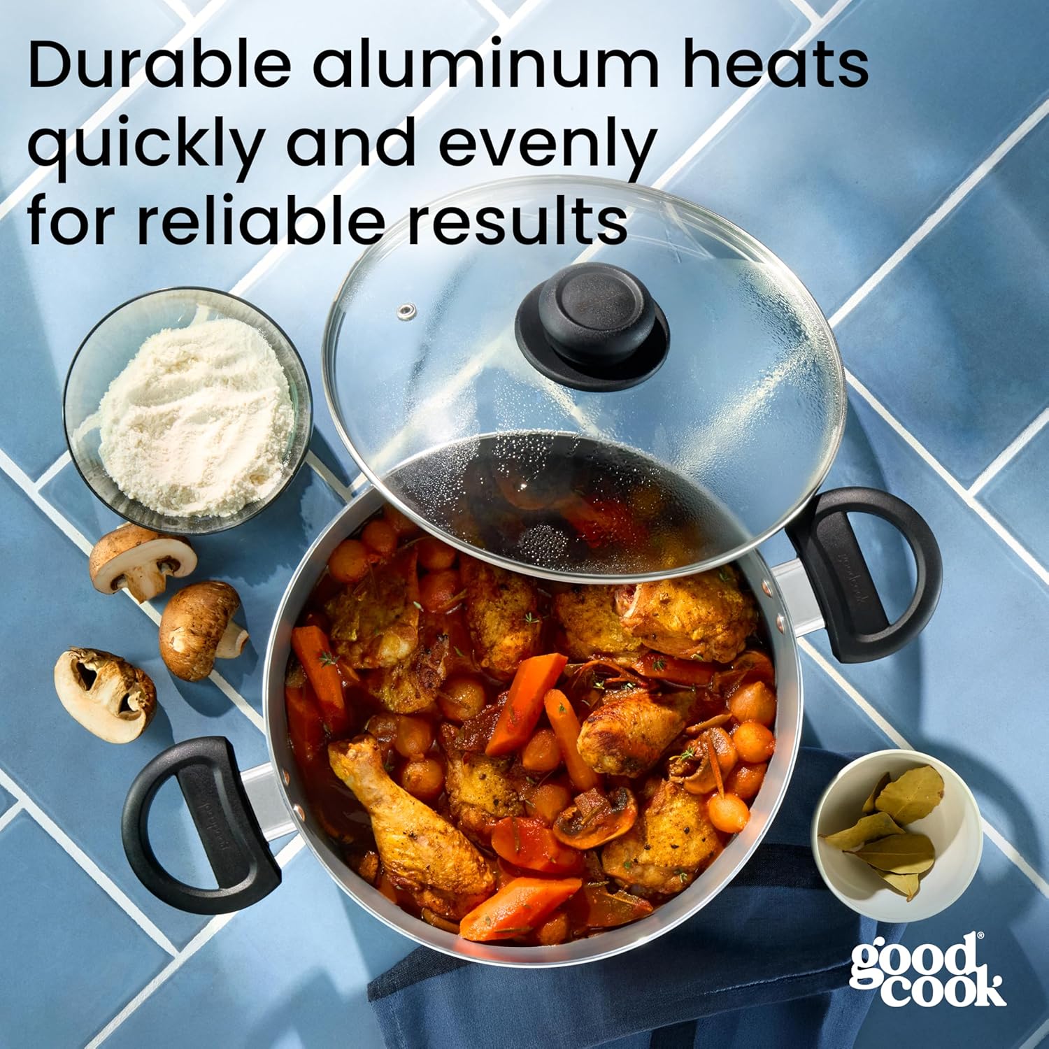 GoodCook Everyday Round Dutch Oven with Lid, Ceramic Nonstick Aluminum, Deep‑Walled Construction for Even Heating, Non‑Toxic PTFE & PFOA Free, 4.7‑Quart, Black