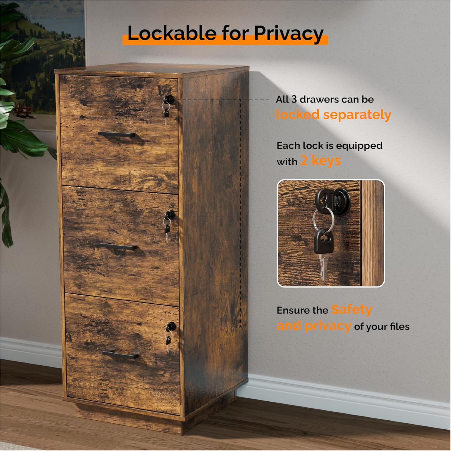VINGLI 3 Drawer File Cabinet with Lock, Home Office Filing Organizer, for Letter Size File Folder Storage, Wood Tall Vertical Filing Cabinet, Printer Stand, Archivador (Rustic Brown)