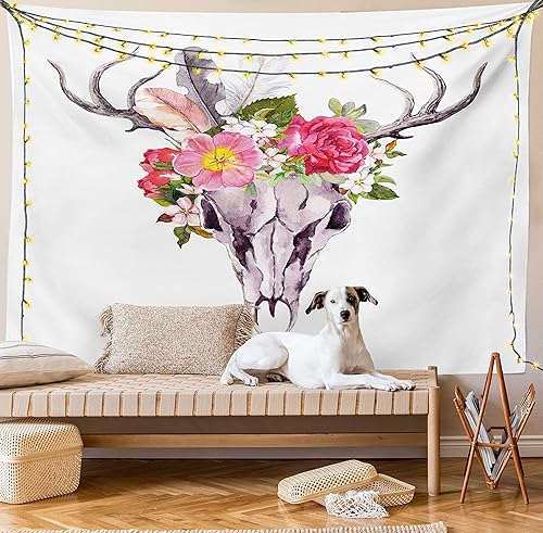 Ambesonne Tapiz de cornamentas, flores y plumas de cráneo de animales de ciervo, arte de acuarela de estilo retro vintage, para colgar en la pared
