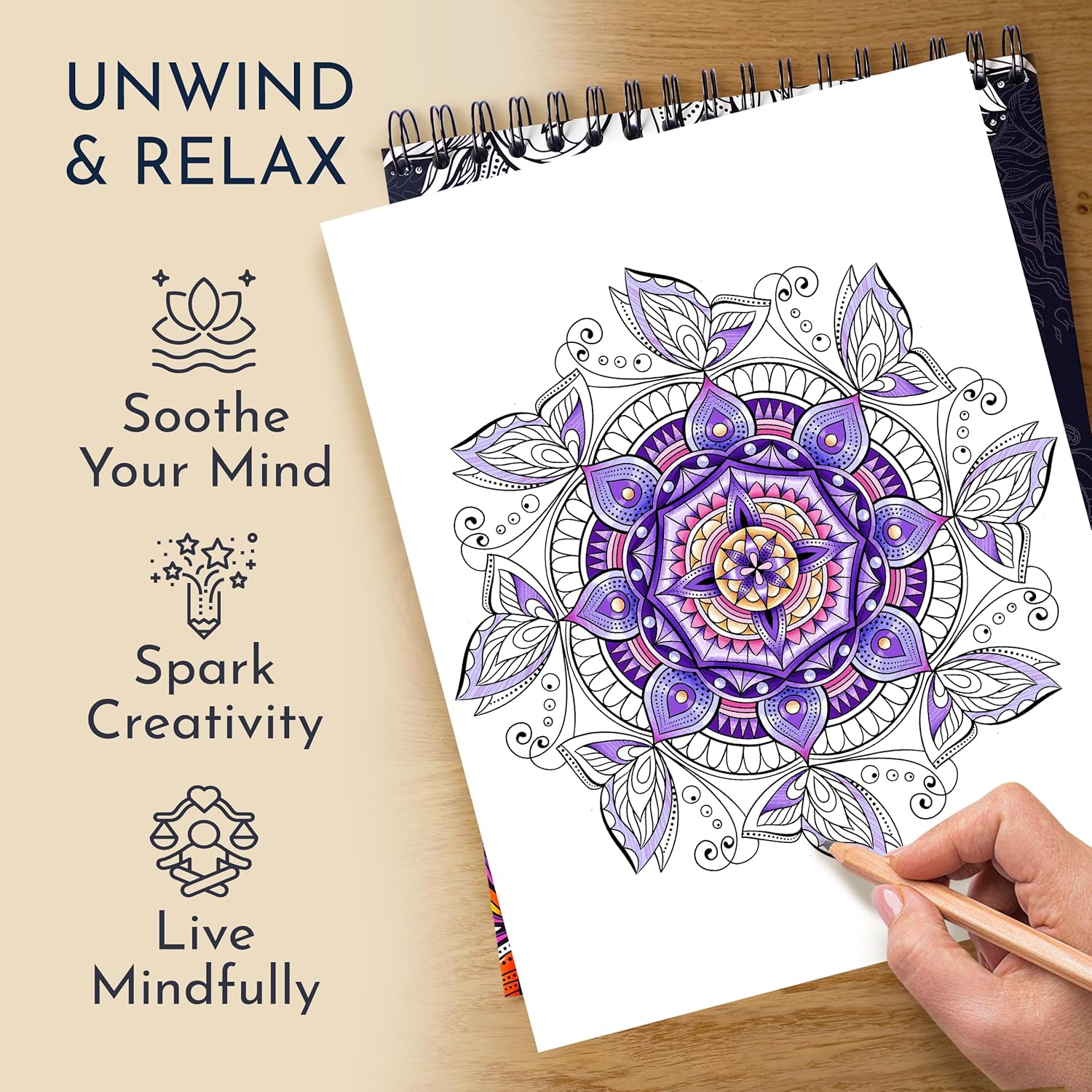 RYVE Coloring Book for Adults - 50 Unique Mandalas for Relaxation and Stress Relief - Adult Coloring Book Spiral Bound for Women, Mandala Coloring Books for Adults Relaxation