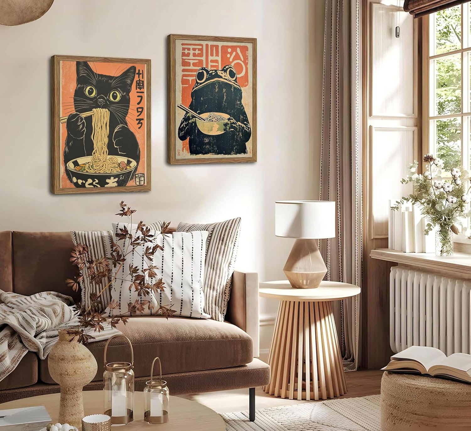 2Pcs Framed Vintage Japanese Cat Canvas Wall Art Quirky Black Cat Eating Ramen Picture Retro Funny frog Eating Food Painting Unique Kitchen Print Dining Room Wall Decor