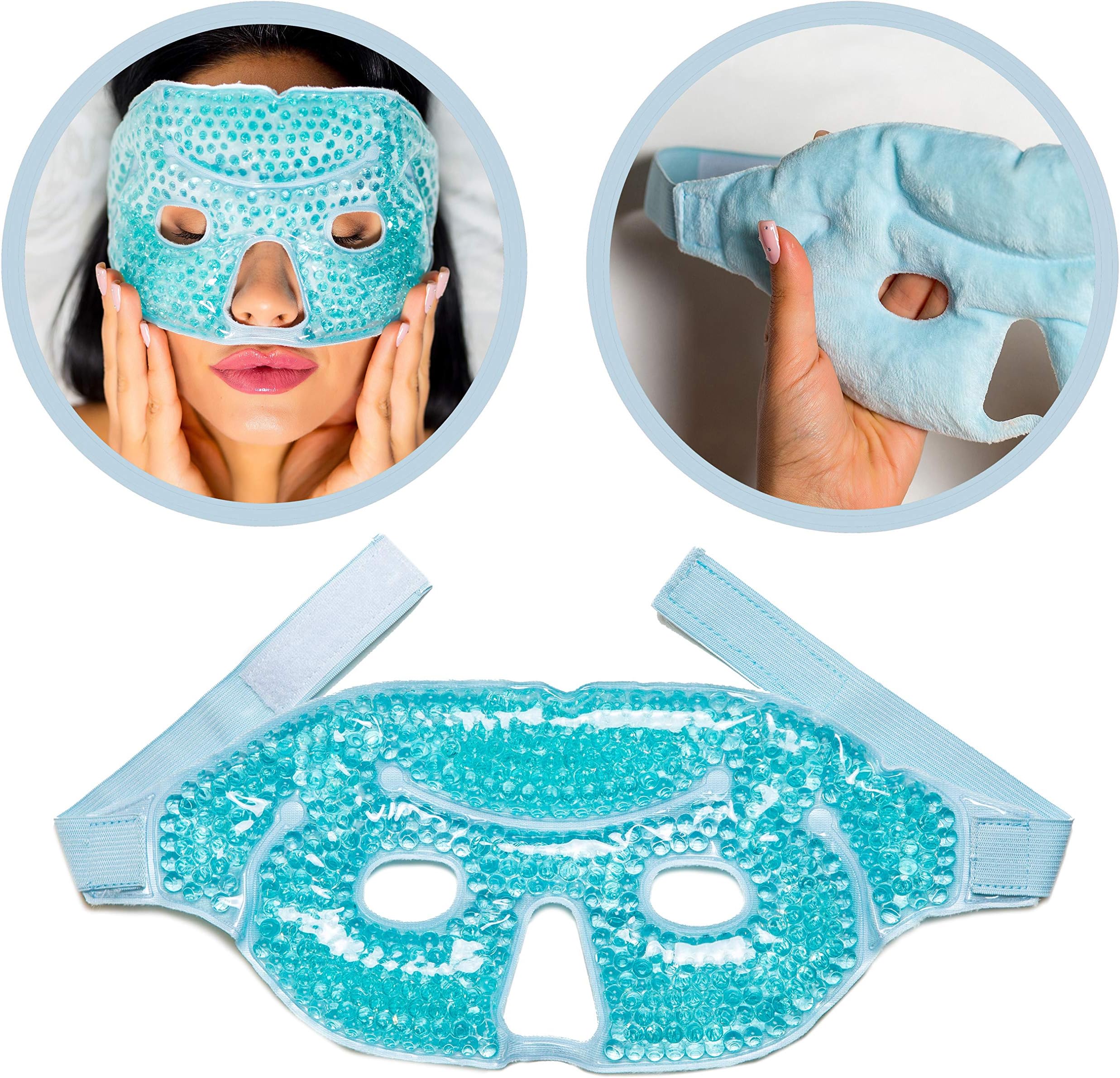 Gel Face Mask Cold Pack – Hot Cold Therapy Gel Bead Full Facial Mask - Ice Mask Migraine Headache – Relaxation Stress Heat Pain Relief – Reduces Puffiness Eyes Dark Circles Under Eyes (Blue)