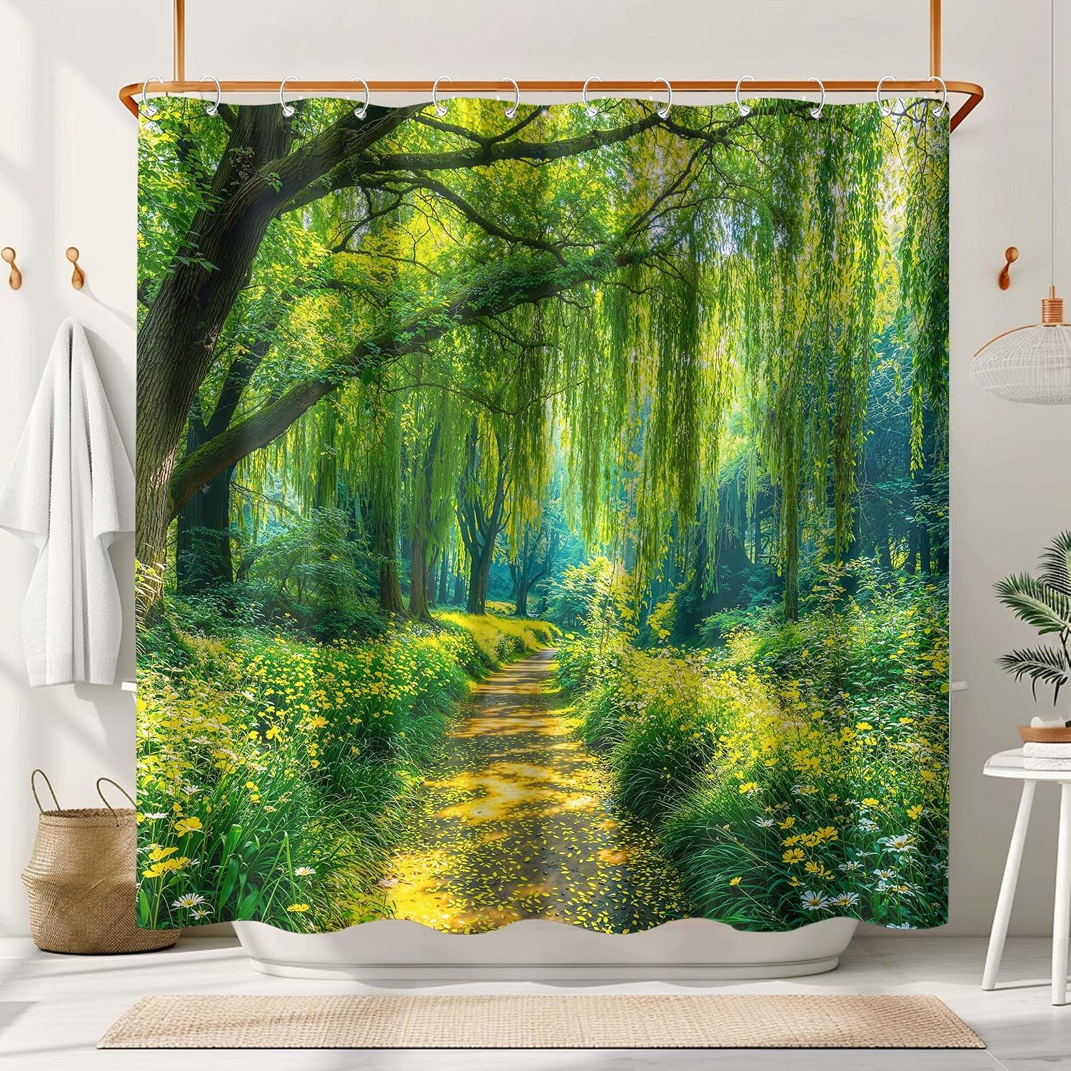 Misty Forest Shower Curtain Willow Tree Path Scenery Bathroom Curtain Nature Landscape Shower Curtain Set with 12 Hooks 72x72 Inches
