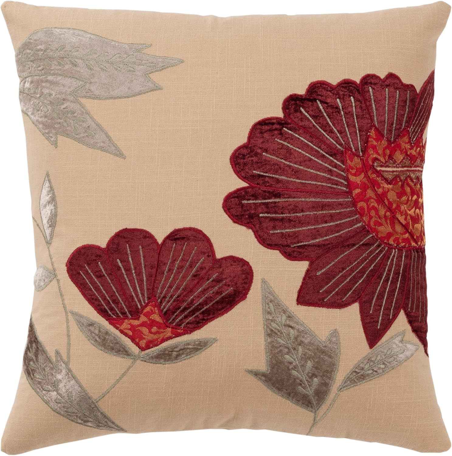Rizzy Home Floral 18" Poly Filled Pillow with Cotton Velvet Cover-Beige/Red