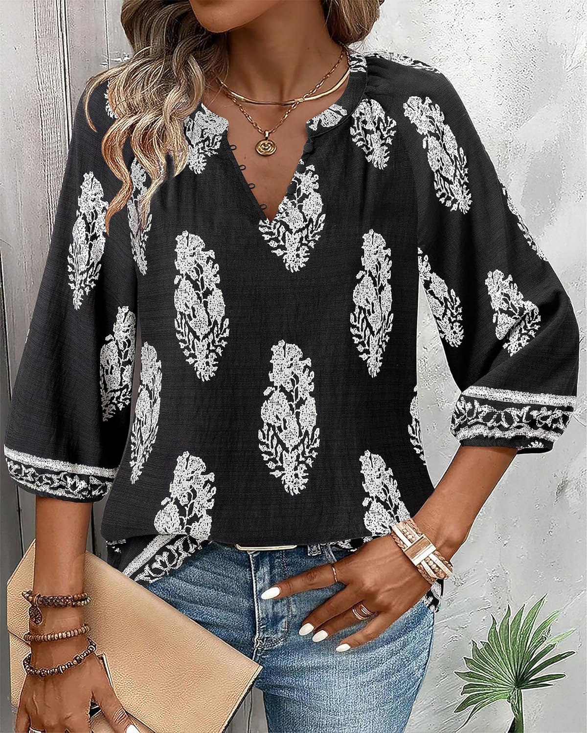 VALOLIA Women's 3/4 Sleeve Blouses Button Down Shirt Business V Neck Casual Clothing Blouses Dressy Casual Chiffon Tops - Image 3