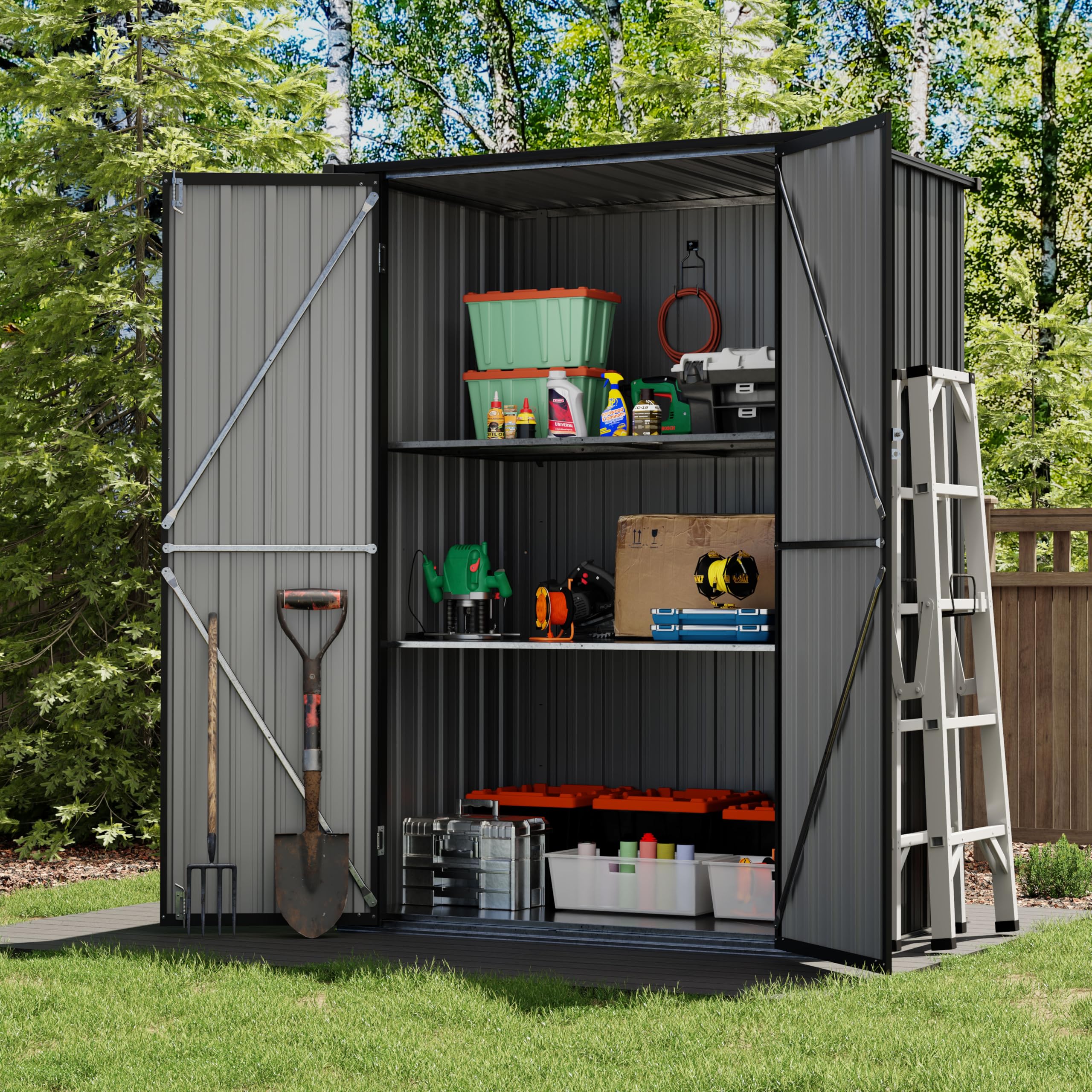 UDPATIO Metal Shed 8x4 FT, Outdoor Garden Storage, Waterproof Metal Shed for Firewood, Garbage Can, Tool, Lawnmower, Bike Shed, Galvanized Steel with Lockable Door for Backyard, Patio, Dark Grey — view 23