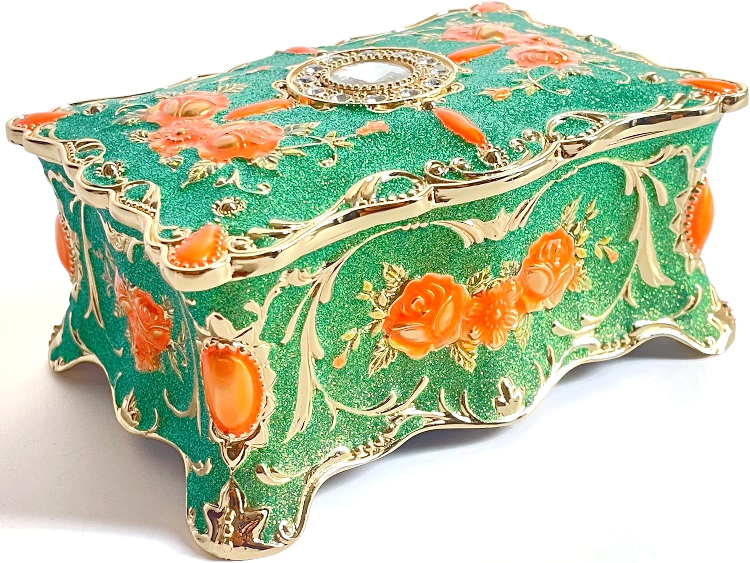Truewon Jewelry Chest Rose Pastoral Style Metal Box Trinket Vintage Trinket Gemstone Storage Tray Treasure Souvenir Gift Case for Girls Women (Golden Starshine Green, Medium)