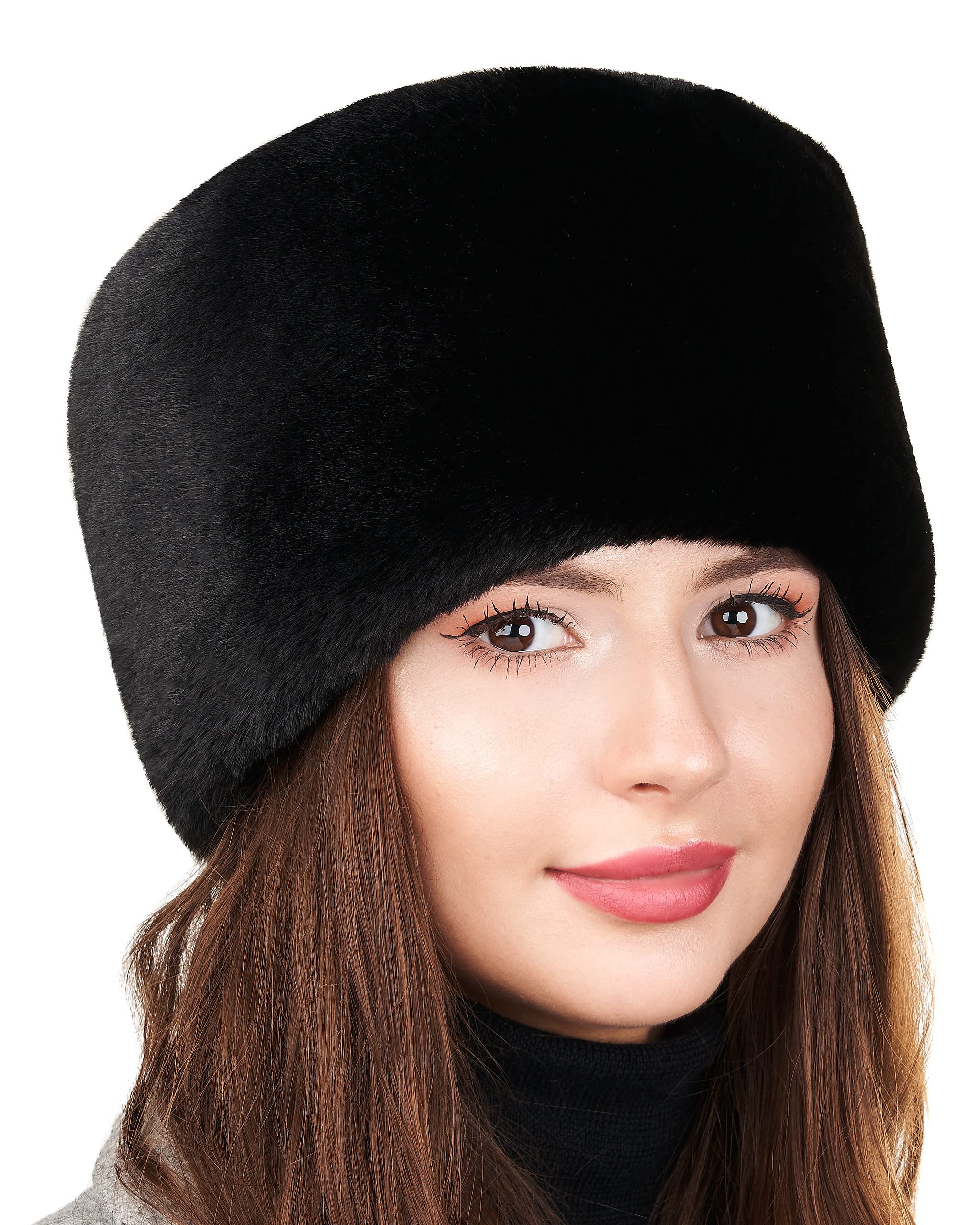 Futrzane Modern Cossack Hat - Ladies Faux Fur Hats - Soft Winter Hat for Women (XL, Black Modern)