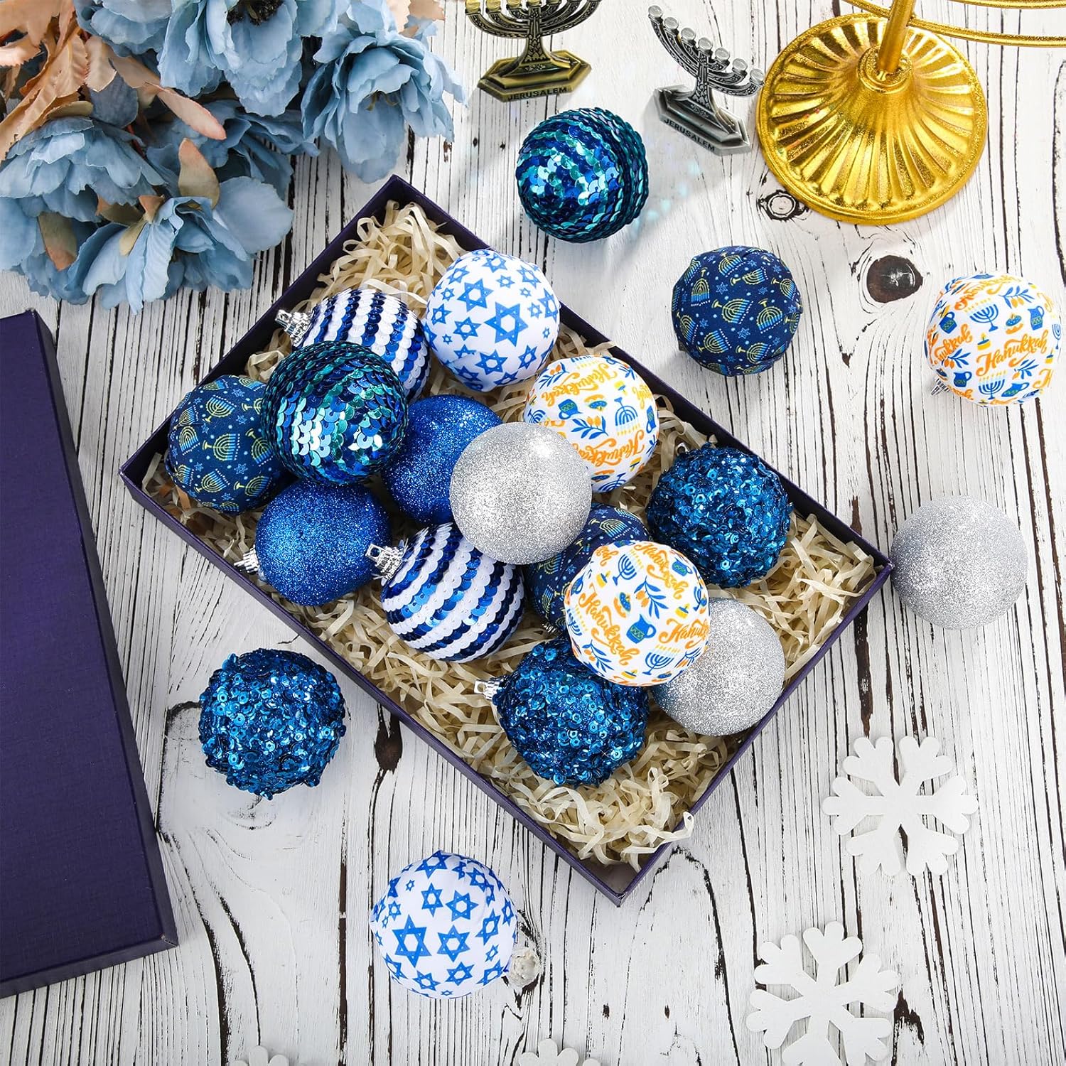 MiniInflat 24 Pcs 2 Inch Tree Ornaments Bulk Sequin Hanging Xmas Ball Special Day Decorations Cloth Pendants Flower Ornaments for Birthday Party Indoor Outdoor Decor(Blue,Hanukkah)