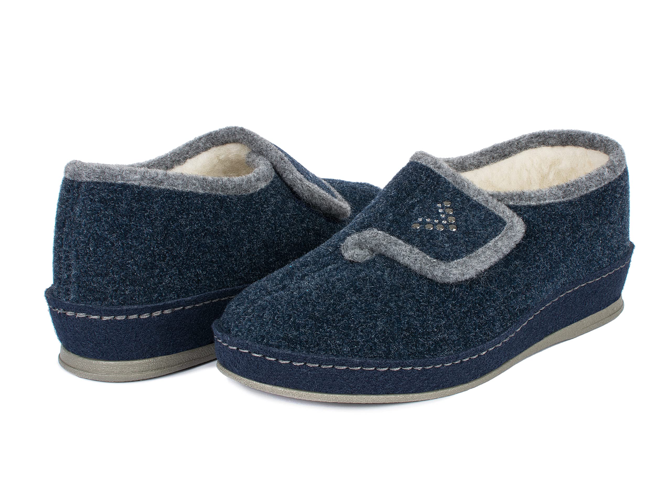 SCHAWOS Zapatillas de estar por casa Johanna para mujer, forro cálido, lana virgen, antideslizantes, cierre de velcro