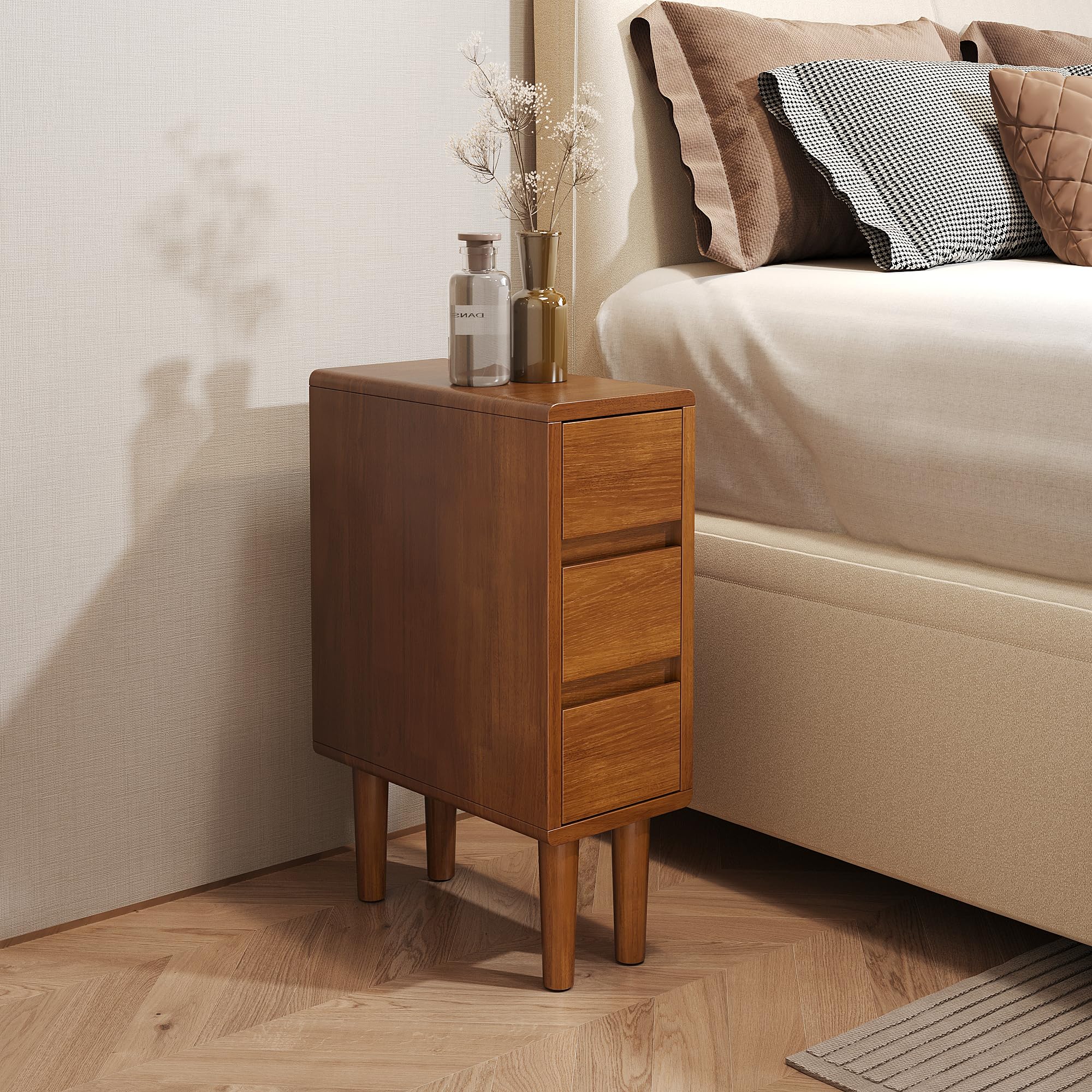 Narrow Nightstand with 3 Drawers Narrow Night Stand Solid Wood Bedside Table Mid Century Modern Nightstand Wooden End Table for Bedroom, Living Room, Study, Office-image-7